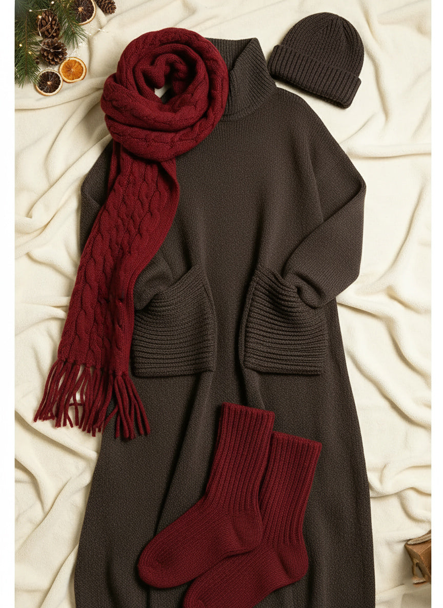 📦📦CLEARANCE SALE🔥 Women's Solid Color High-Neck Long-Sleeve Casual Loose Knit Dress