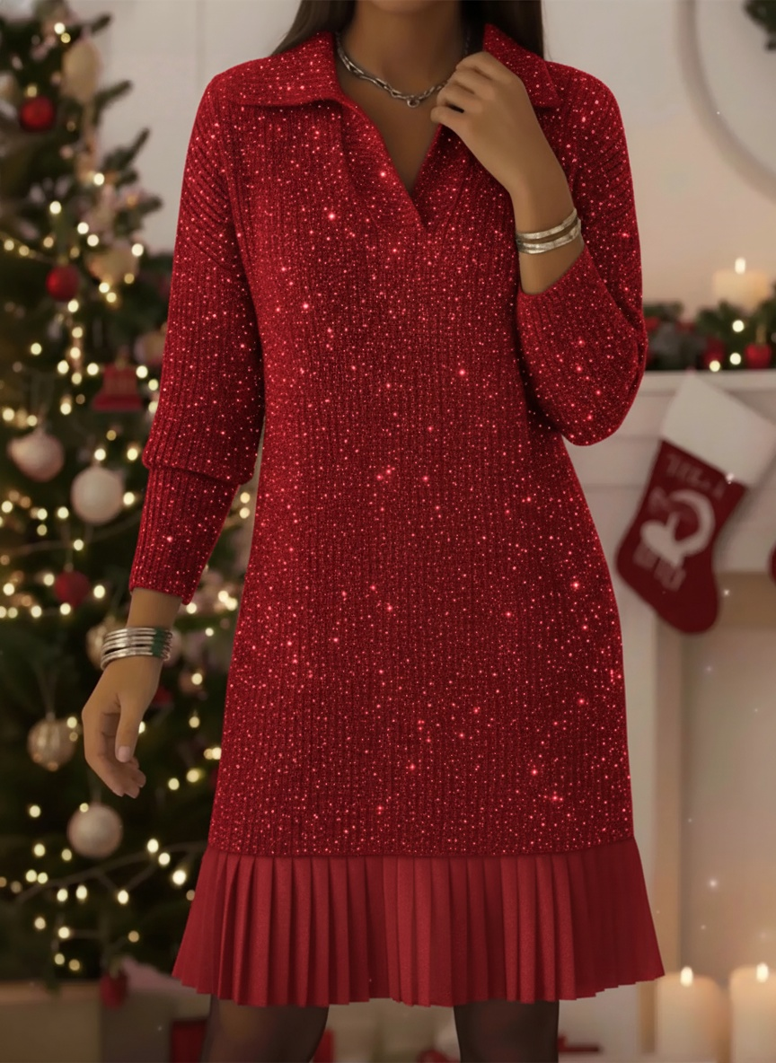 💝💝CLEARANCE SALE🔥Women's Elegant Polo Neck Shimmering Knit Dress
