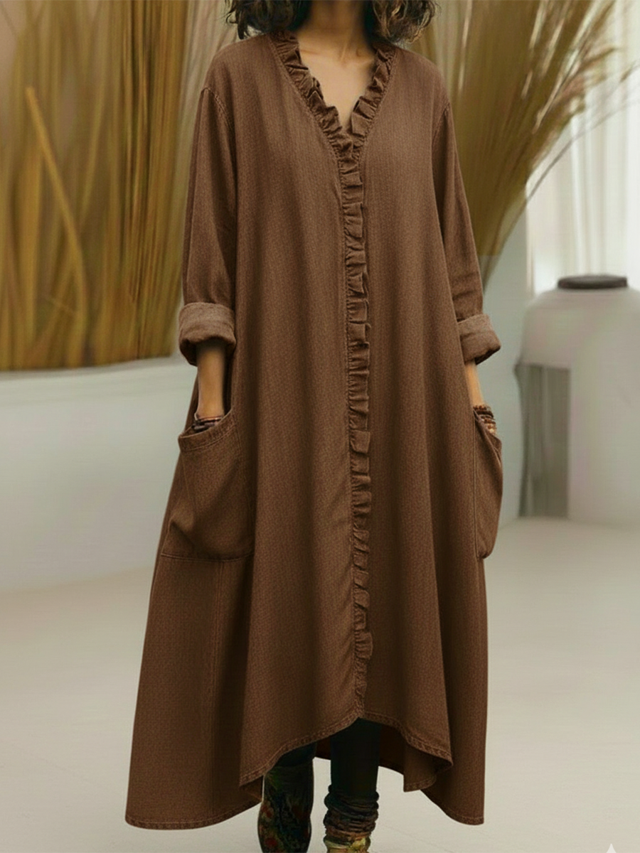 Casual Lace-trimmed V-neck Denim Dress