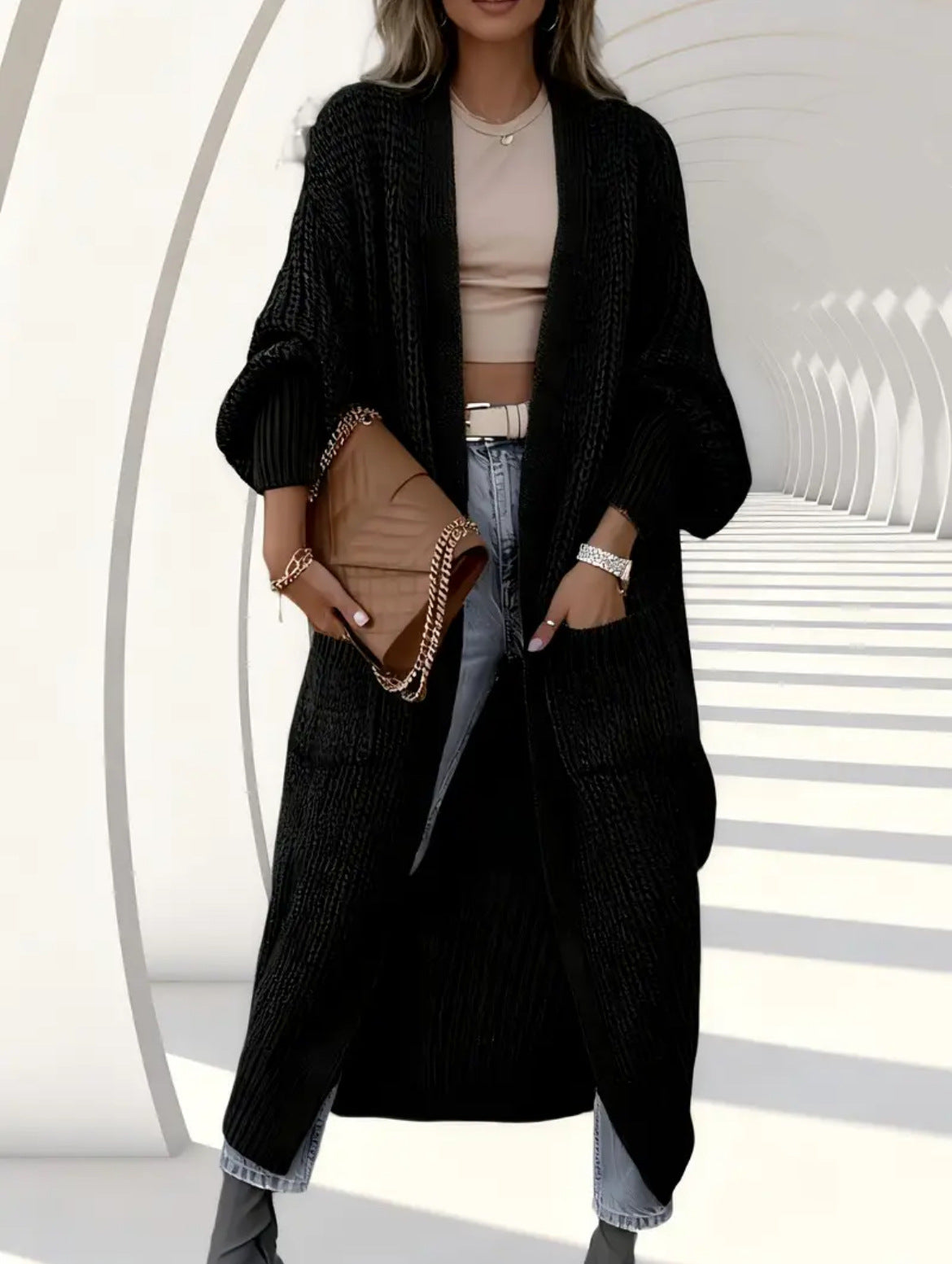 🔥✨Women's elegant knee-length cashmere blend knitted cardigan