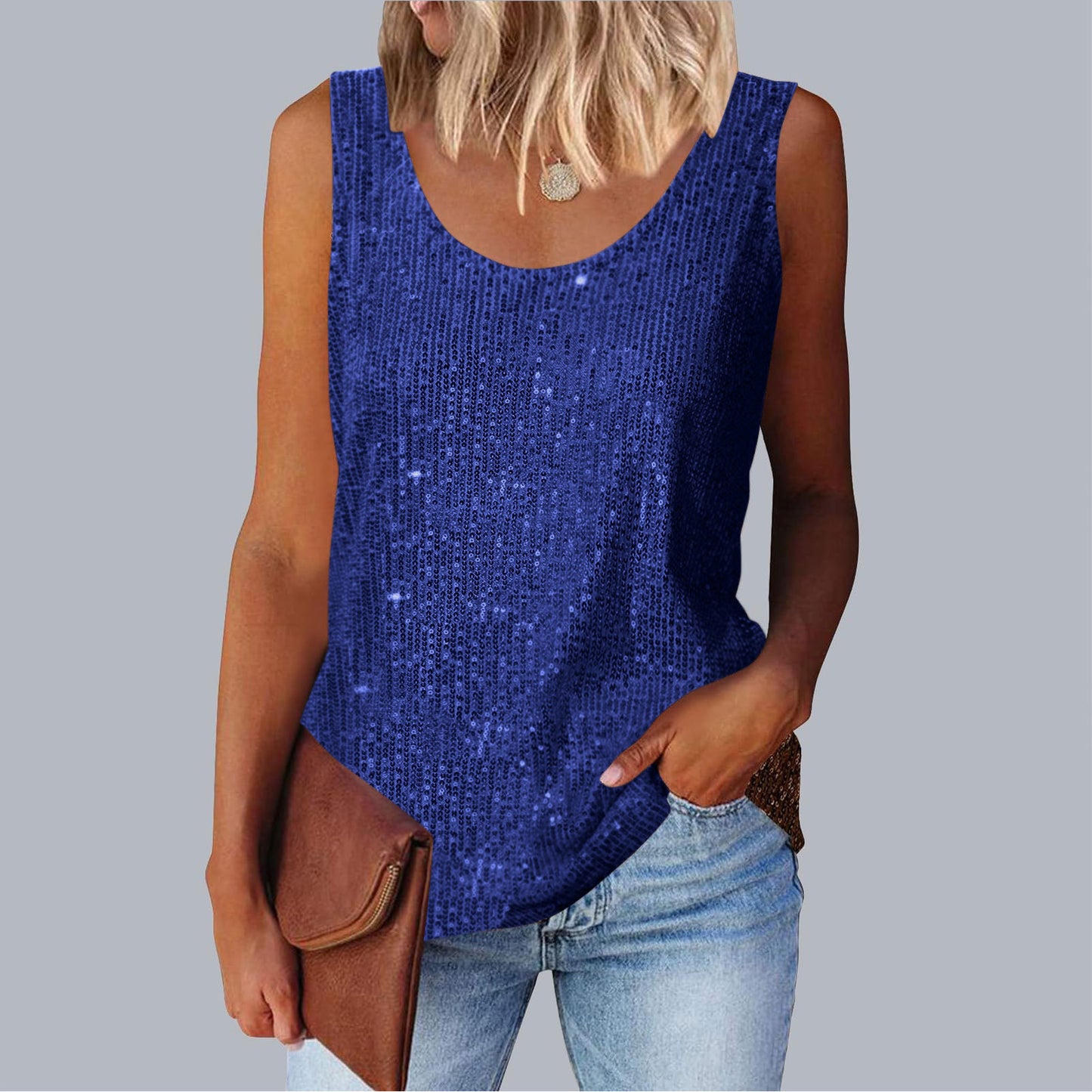 Commuter-style sequined loose-fitting round-neck tank top for women | 15 colors