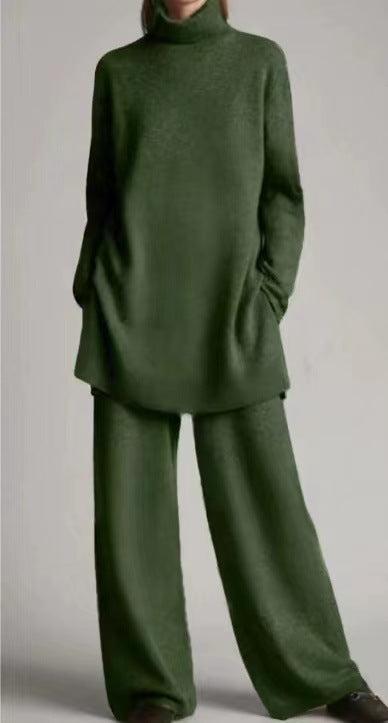 Knitted solid color cashmere turtleneck loose casual two-piece set