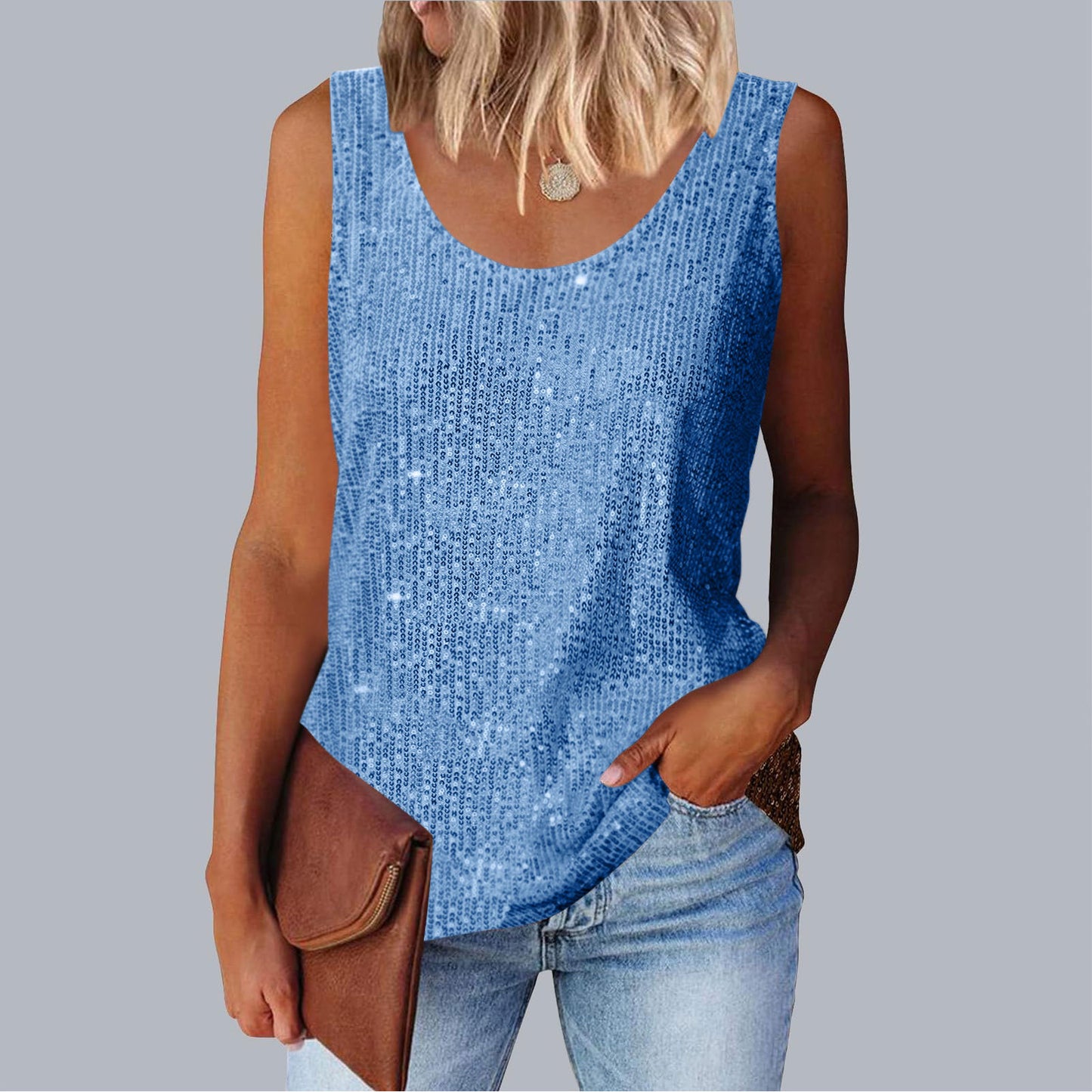 Commuter-style sequined loose-fitting round-neck tank top for women | 15 colors