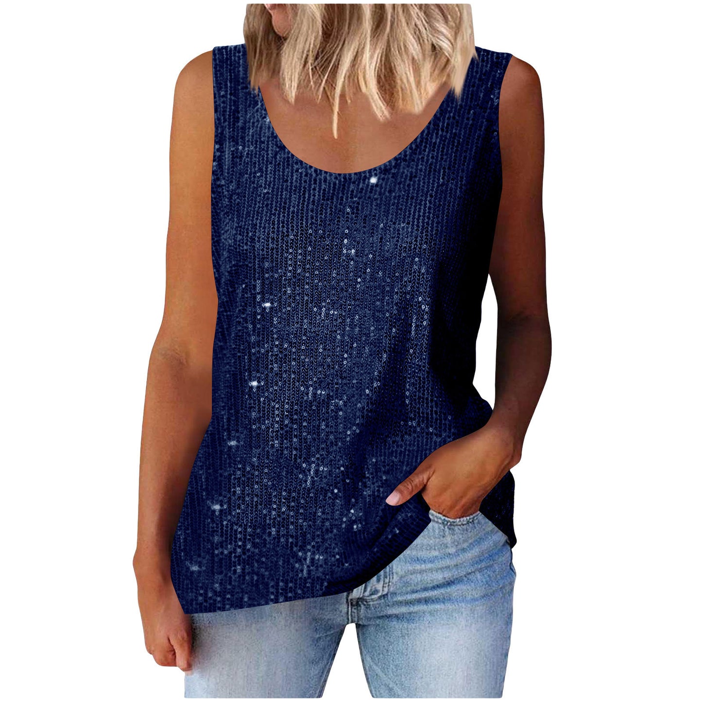 Commuter-style sequined loose-fitting round-neck tank top for women | 15 colors
