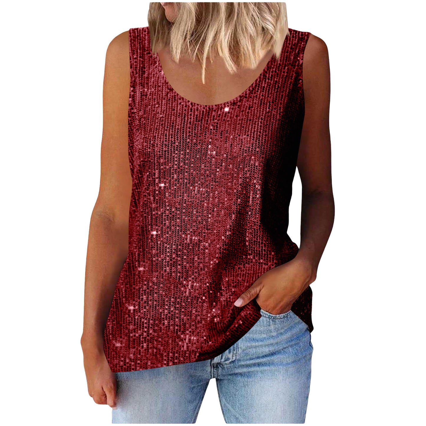 Commuter-style sequined loose-fitting round-neck tank top for women | 15 colors