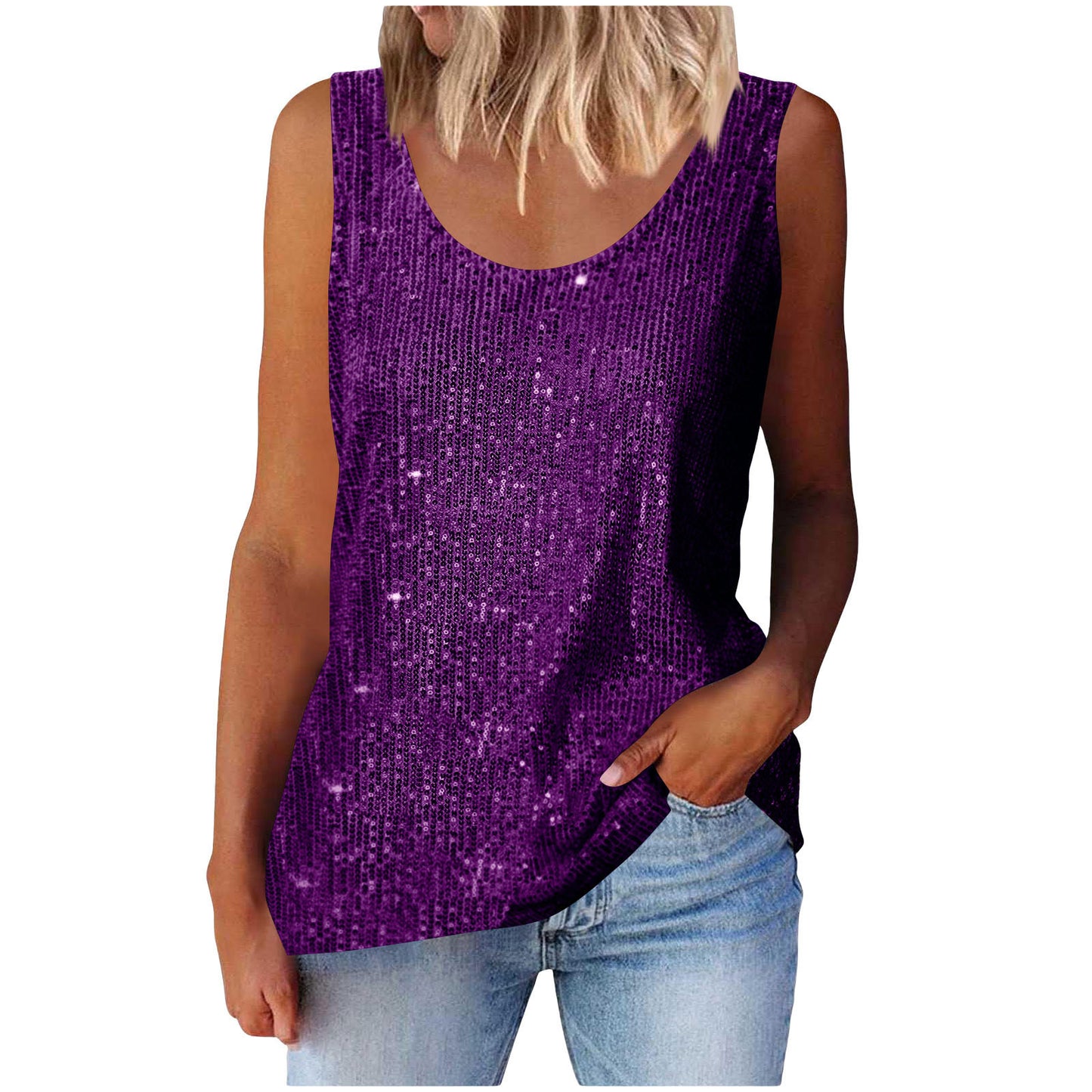 Commuter-style sequined loose-fitting round-neck tank top for women | 15 colors