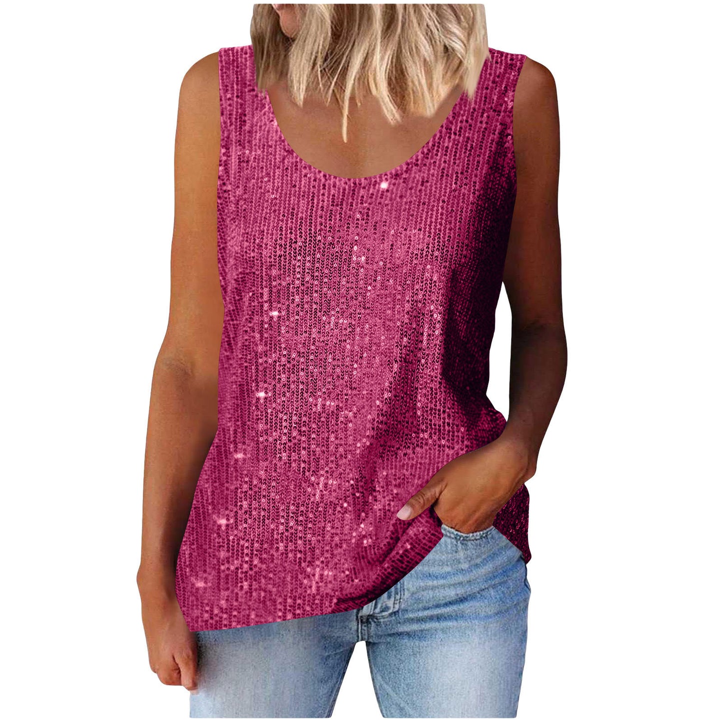 Commuter-style sequined loose-fitting round-neck tank top for women | 15 colors