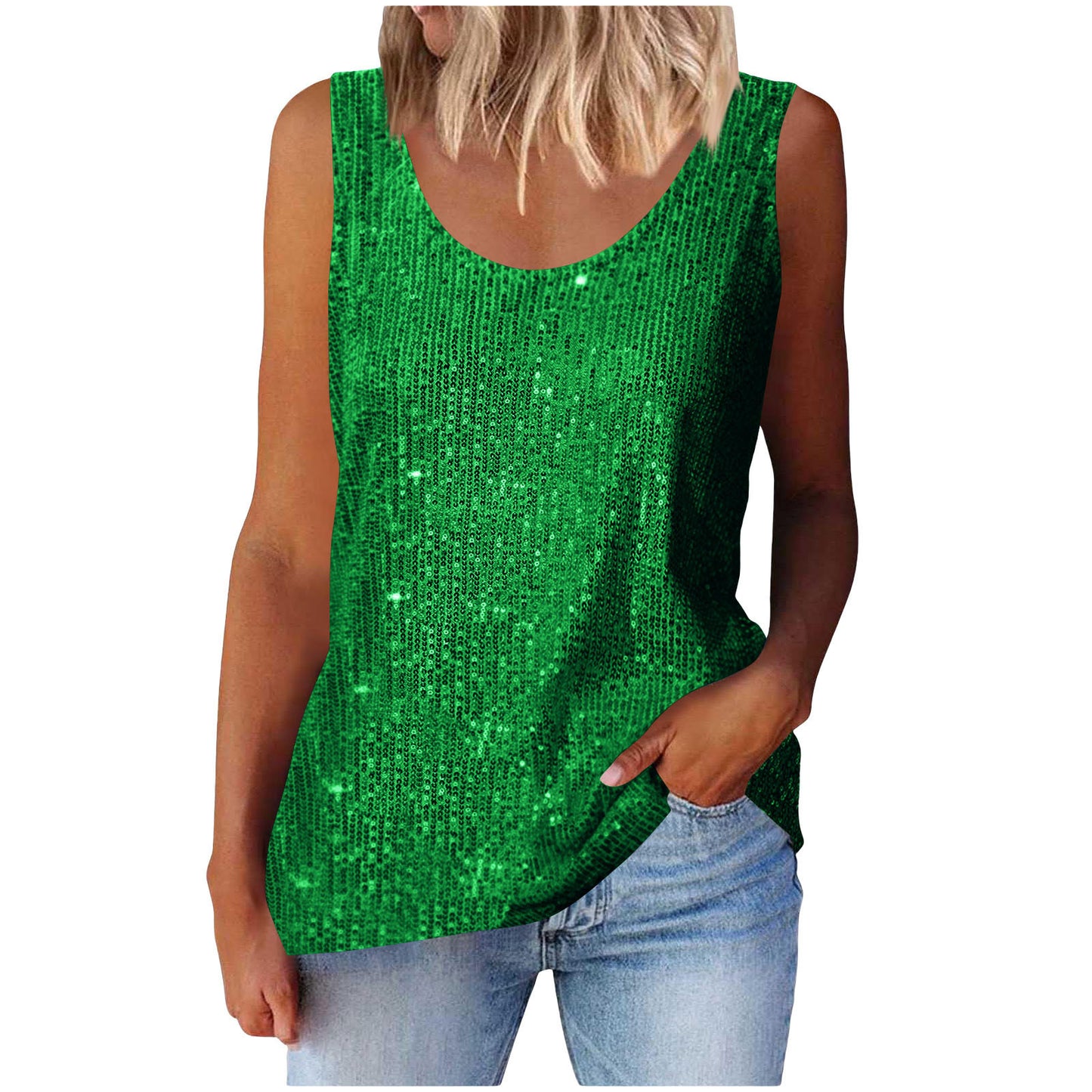 Commuter-style sequined loose-fitting round-neck tank top for women | 15 colors