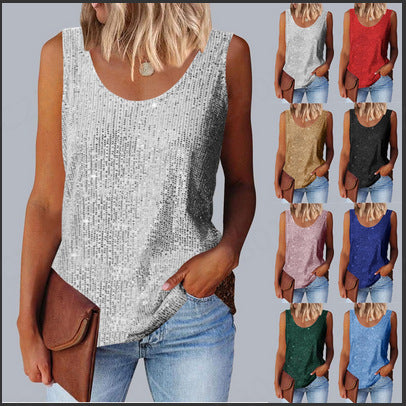 Commuter-style sequined loose-fitting round-neck tank top for women | 15 colors