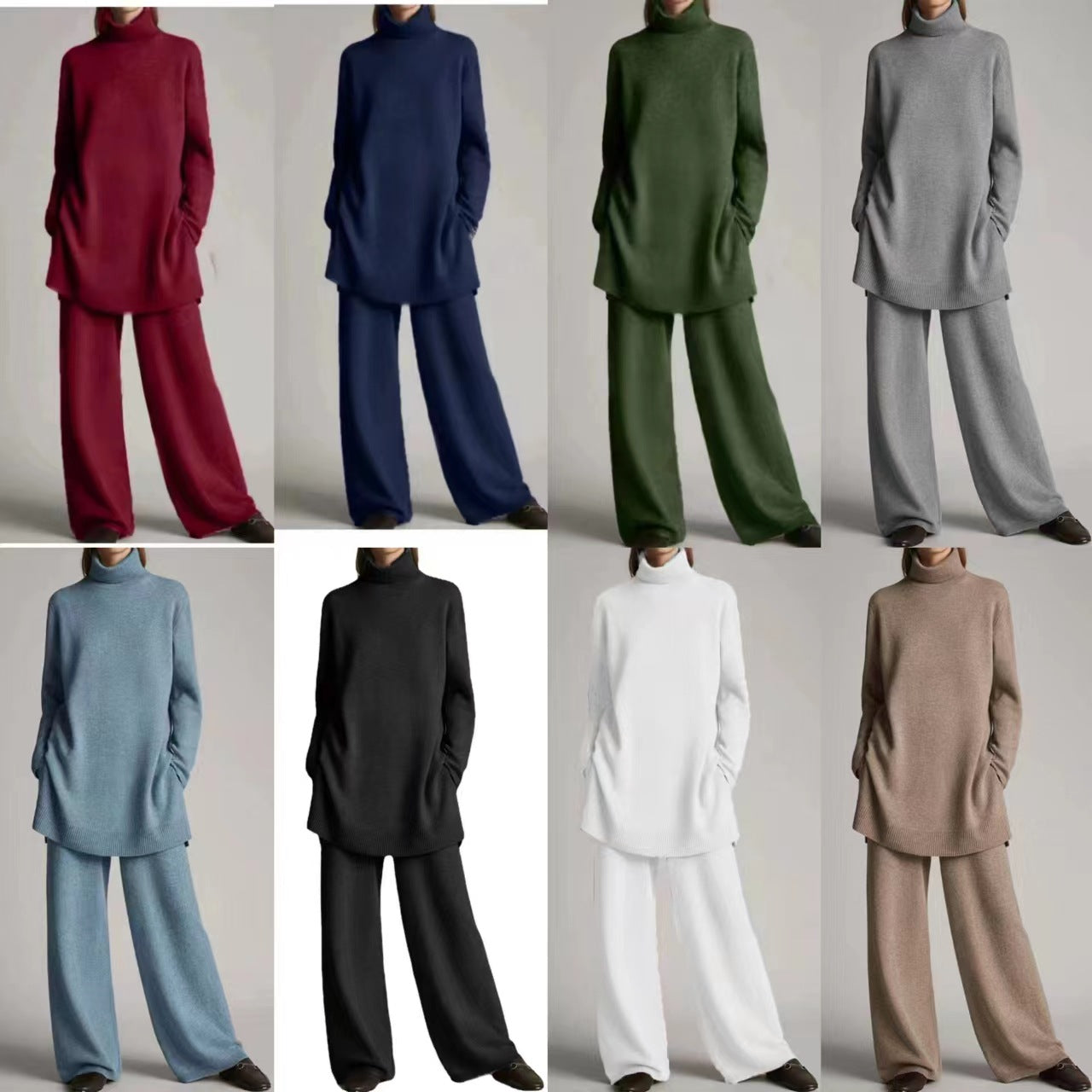 Knitted solid color cashmere turtleneck loose casual two-piece set