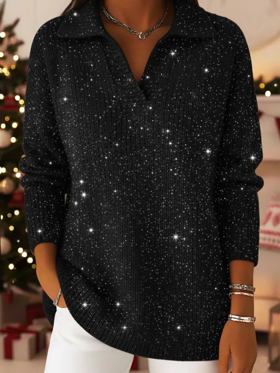 💝💝New Arrivals🔥Christmas Party Polo Collar Shiny Loose Sweater Top