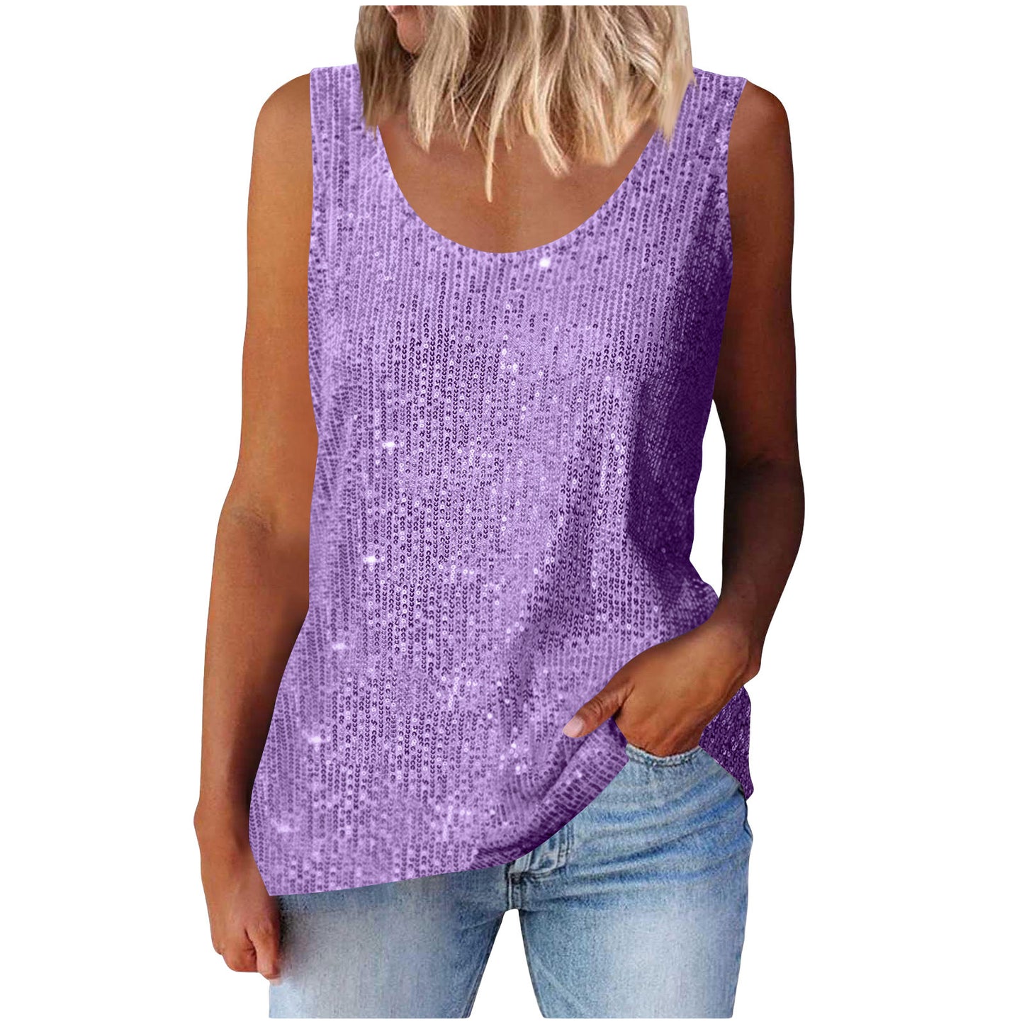Commuter-style sequined loose-fitting round-neck tank top for women | 15 colors