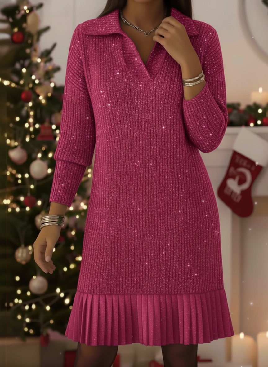 💝💝CLEARANCE SALE🔥Women's Elegant Polo Neck Shimmering Knit Dress