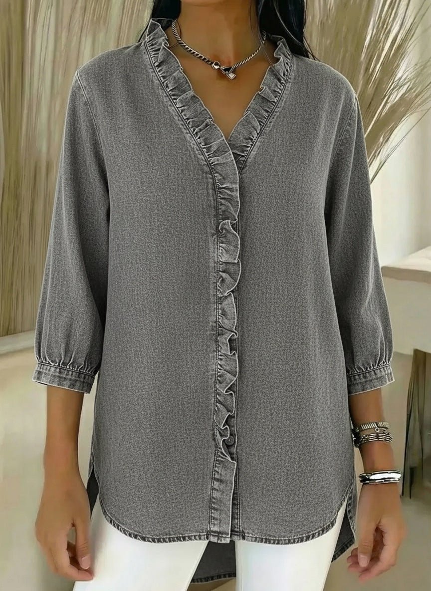 📦📦New Arrivals🔥Women's Casual Denim V-Neck Ruffled Shirt