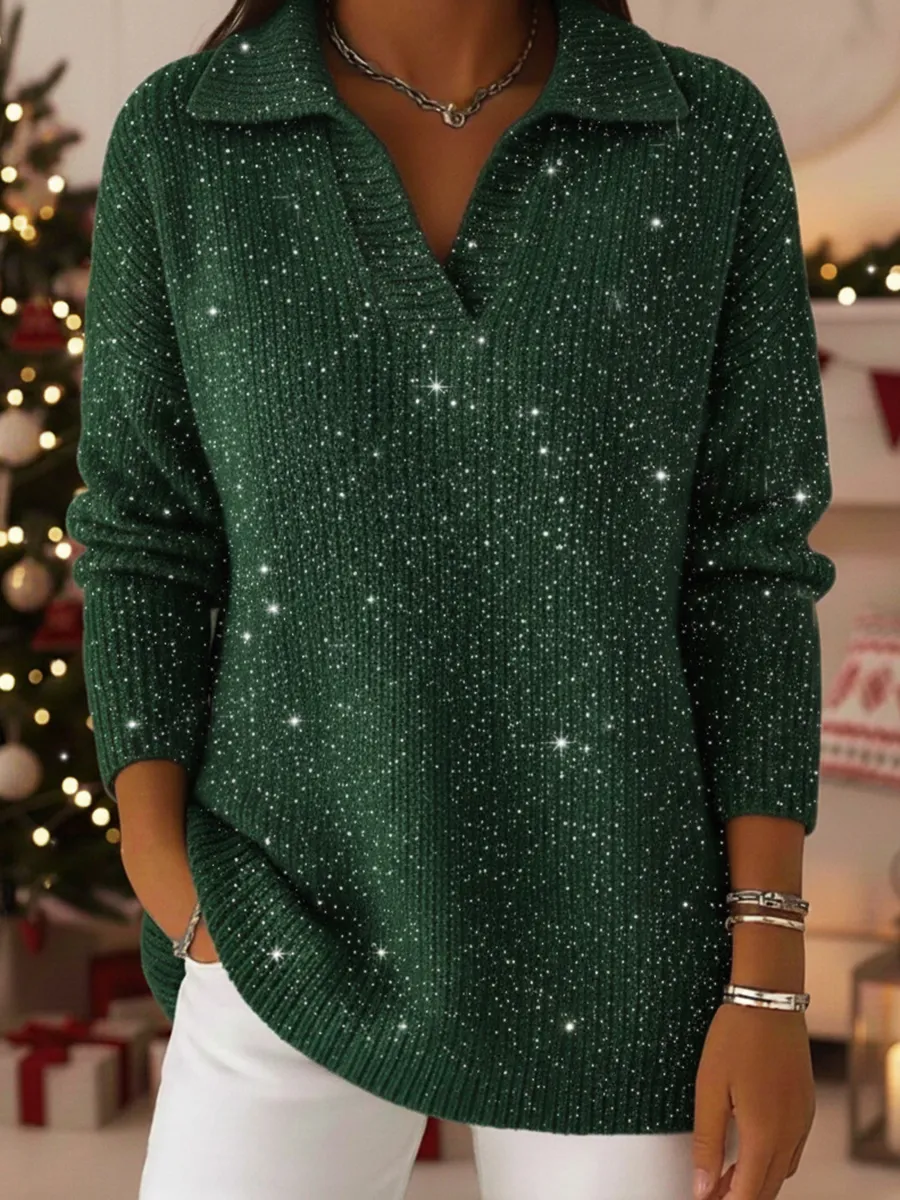 💝💝New Arrivals🔥Christmas Party Polo Collar Shiny Loose Sweater Top