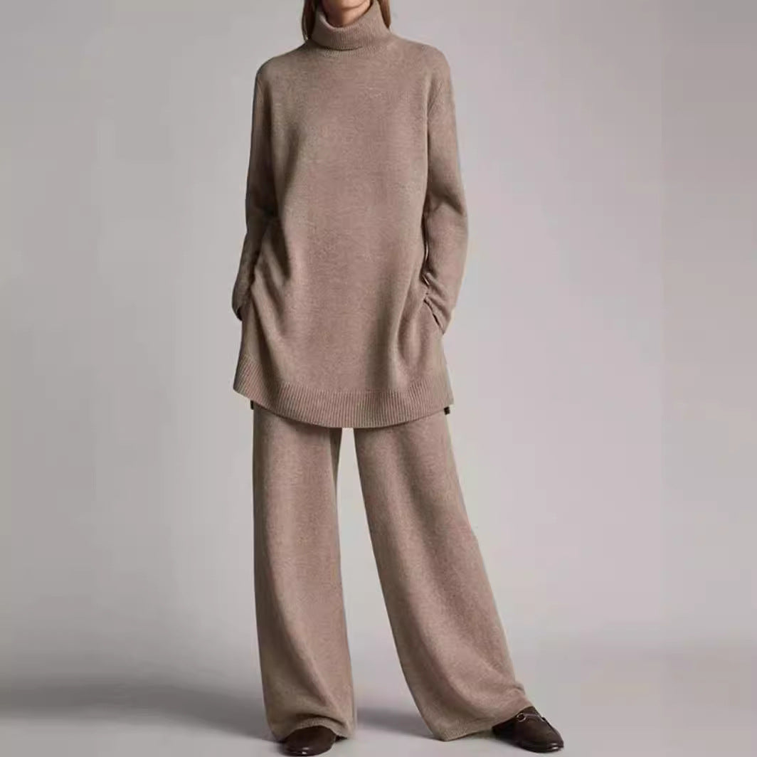 Knitted solid color cashmere turtleneck loose casual two-piece set