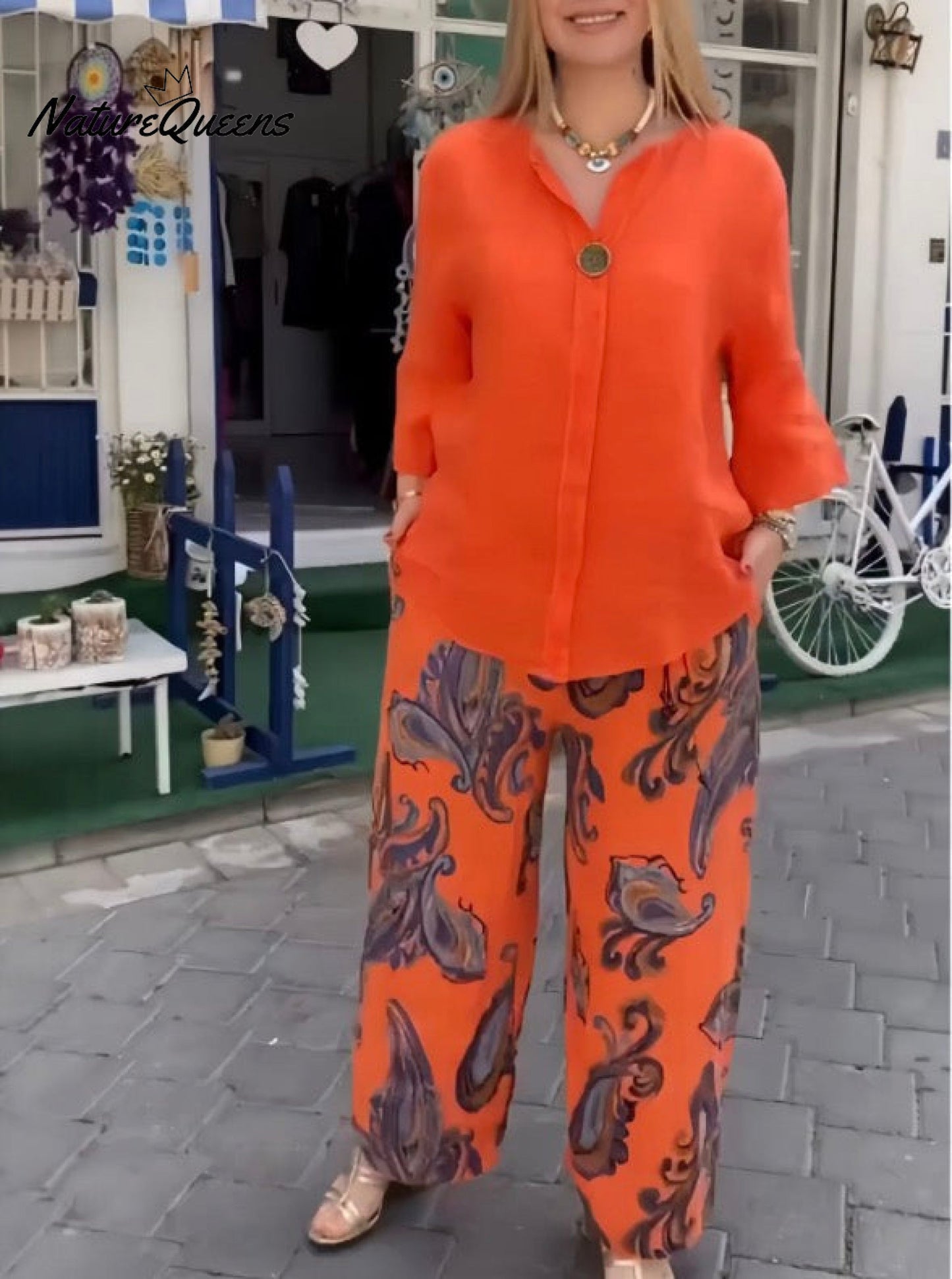 💝💝Women's Vintage Boho Floral Print Loose Cotton And Linen Long-sleeved Tops And Straight Pants Two-piece Set