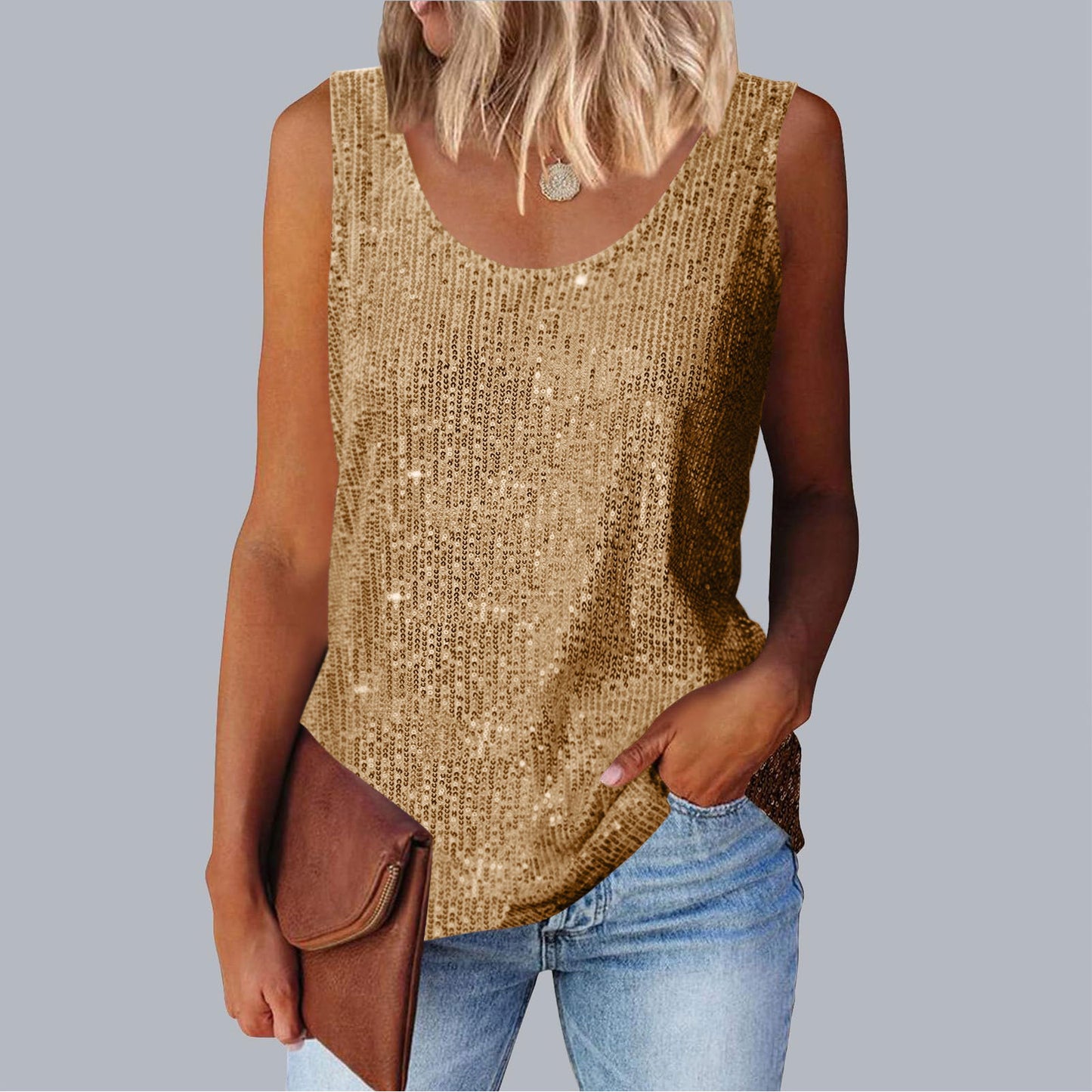 Commuter-style sequined loose-fitting round-neck tank top for women | 15 colors