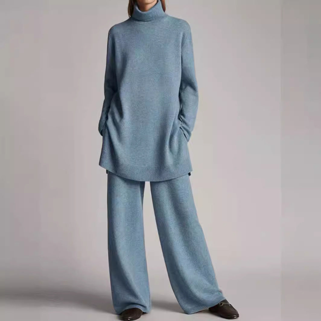Knitted solid color cashmere turtleneck loose casual two-piece set