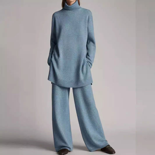 Knitted solid color cashmere turtleneck loose casual two-piece set