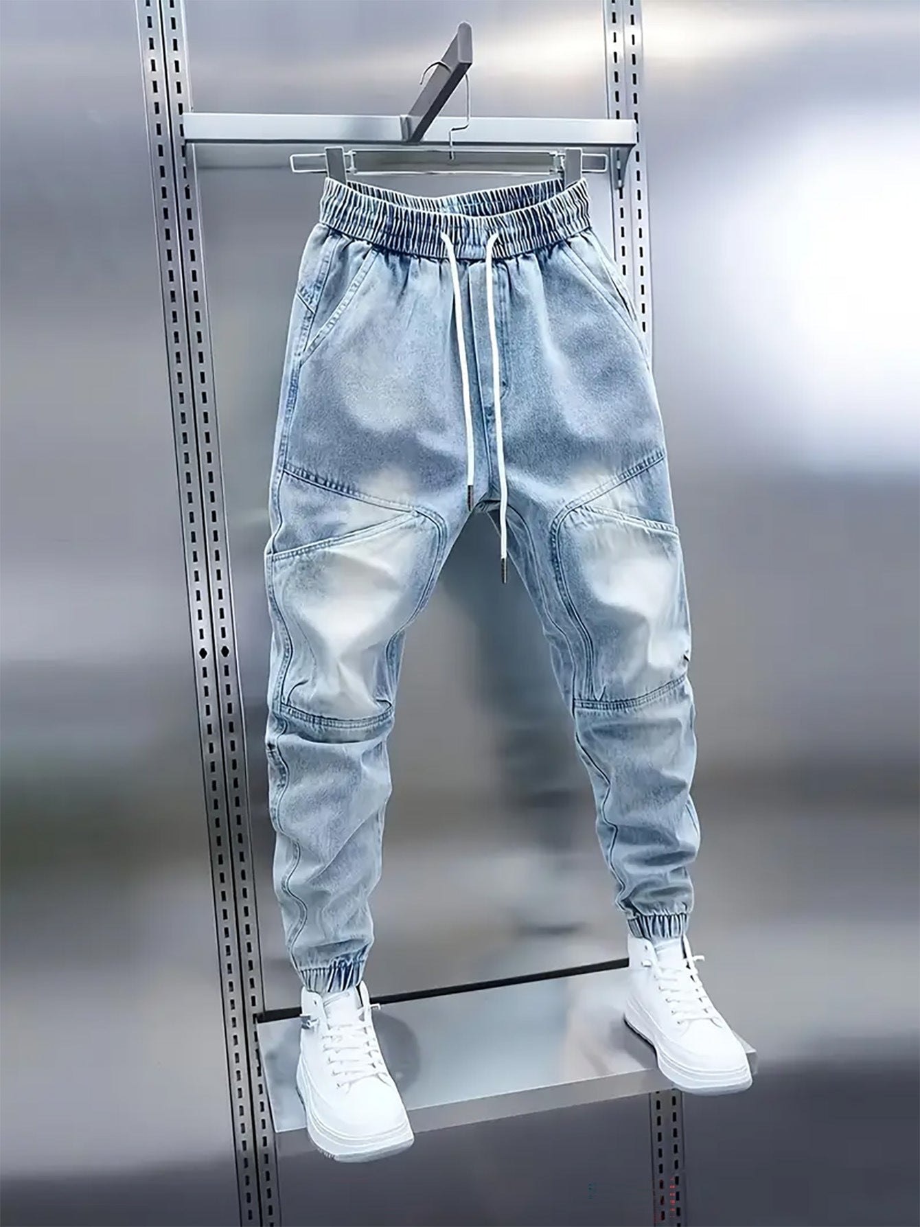 Trendy Men's Patchwork Denim Elastic Waist Jogger Harem Pants
