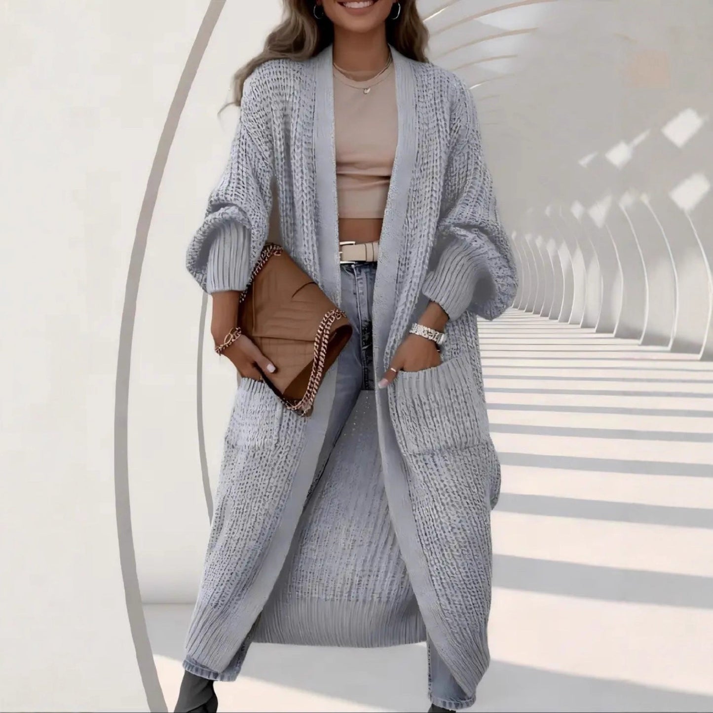 🔥✨Women's elegant knee-length cashmere blend knitted cardigan