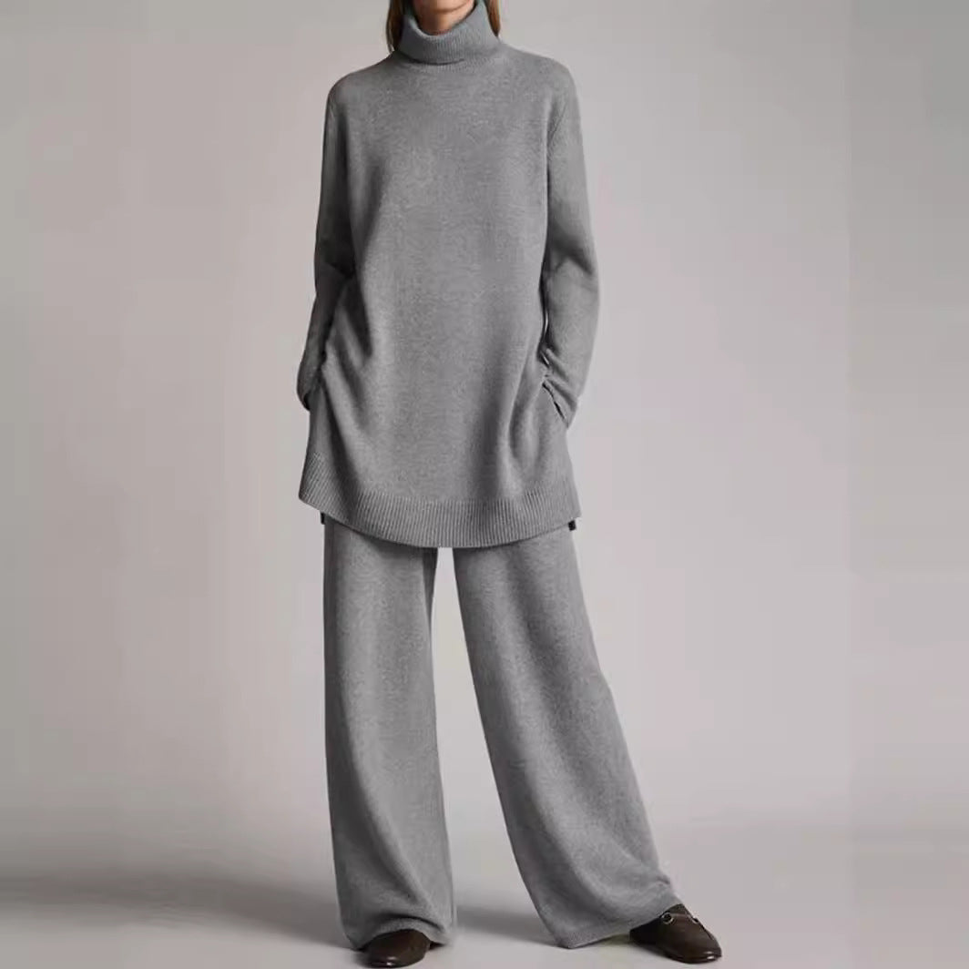 Knitted solid color cashmere turtleneck loose casual two-piece set
