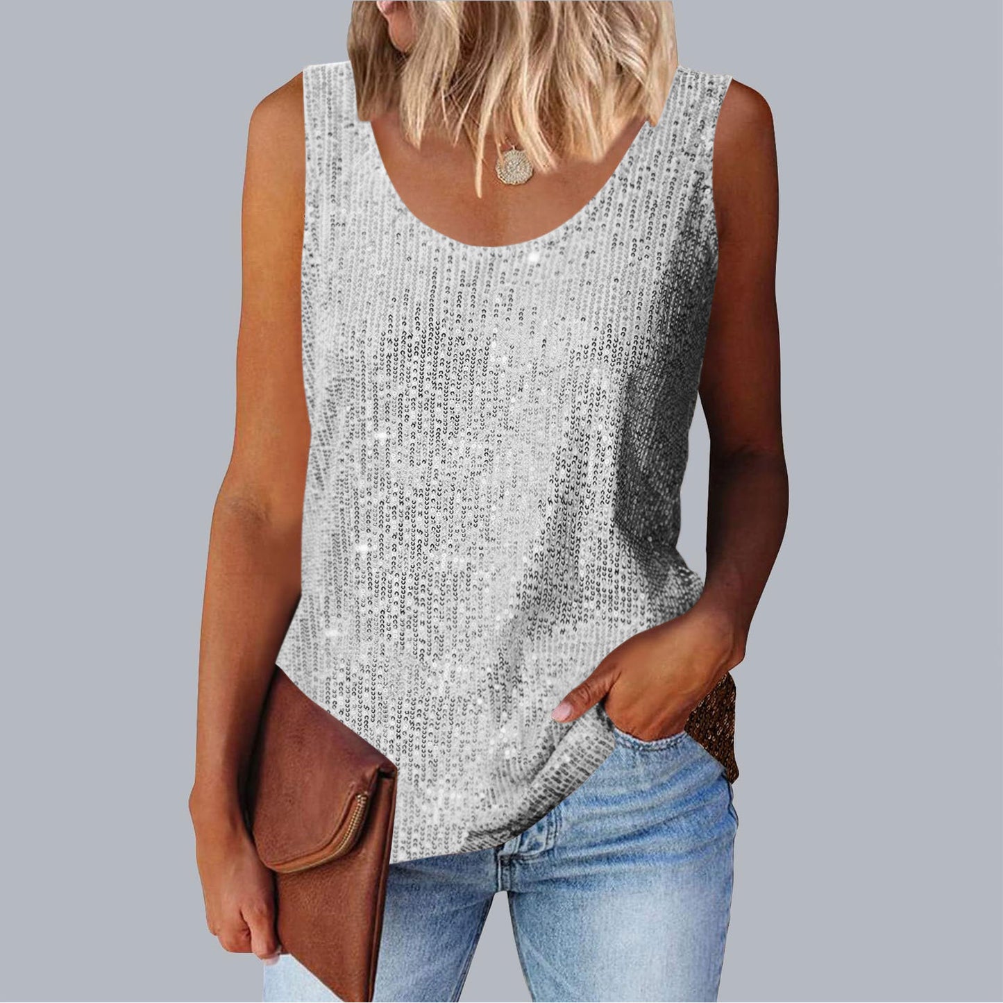 Commuter-style sequined loose-fitting round-neck tank top for women | 15 colors