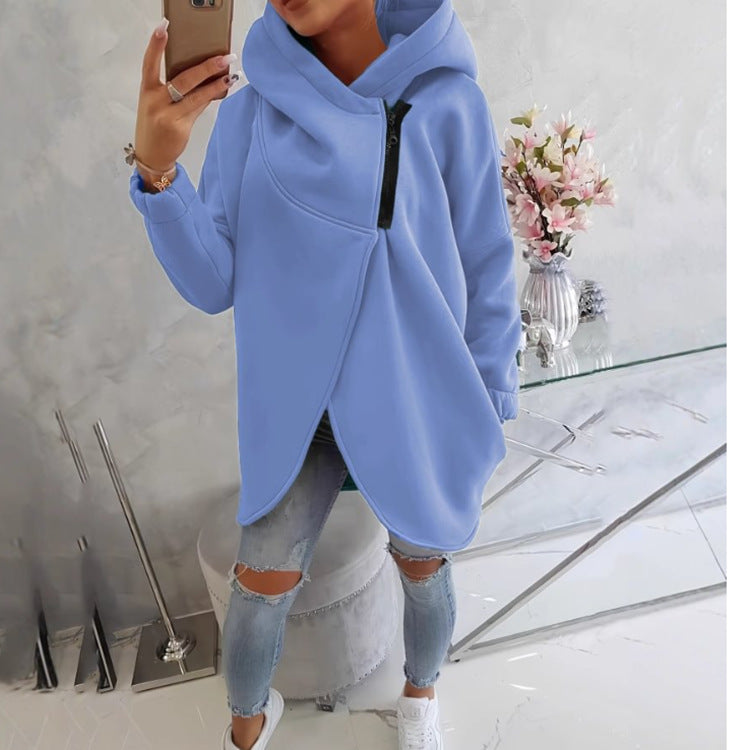 Uaang Hooded Sports Plus Velvet Tunic Casual Long-Sleeved Zipper Coat Women's Plus-Size Solid Color Coat