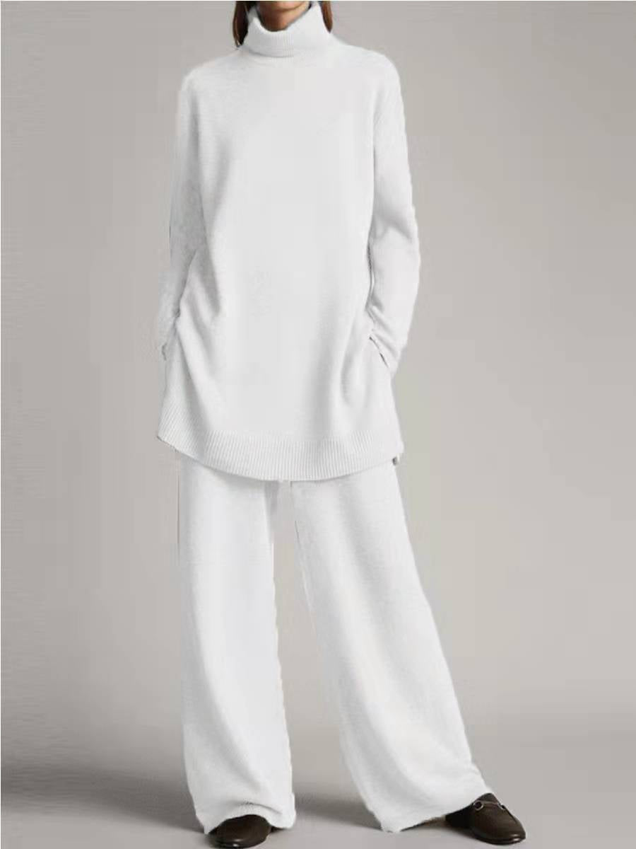 Knitted solid color cashmere turtleneck loose casual two-piece set