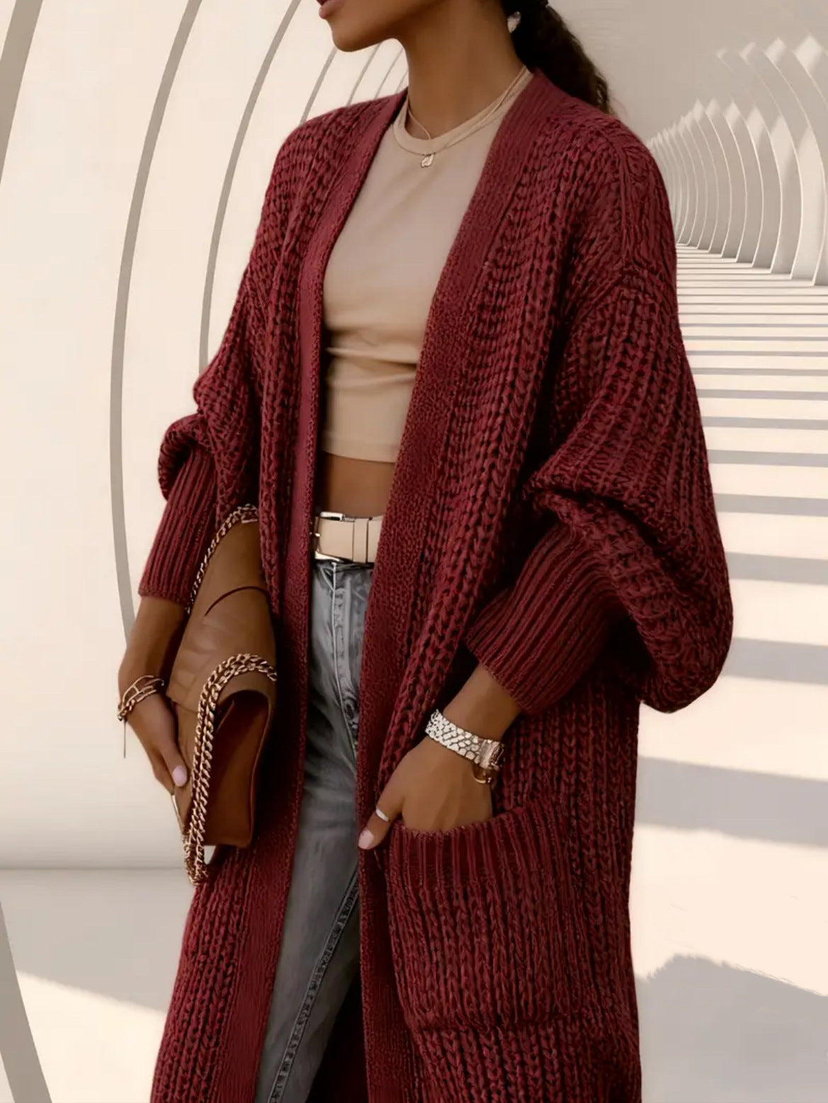 🔥✨Women's elegant knee-length cashmere blend knitted cardigan