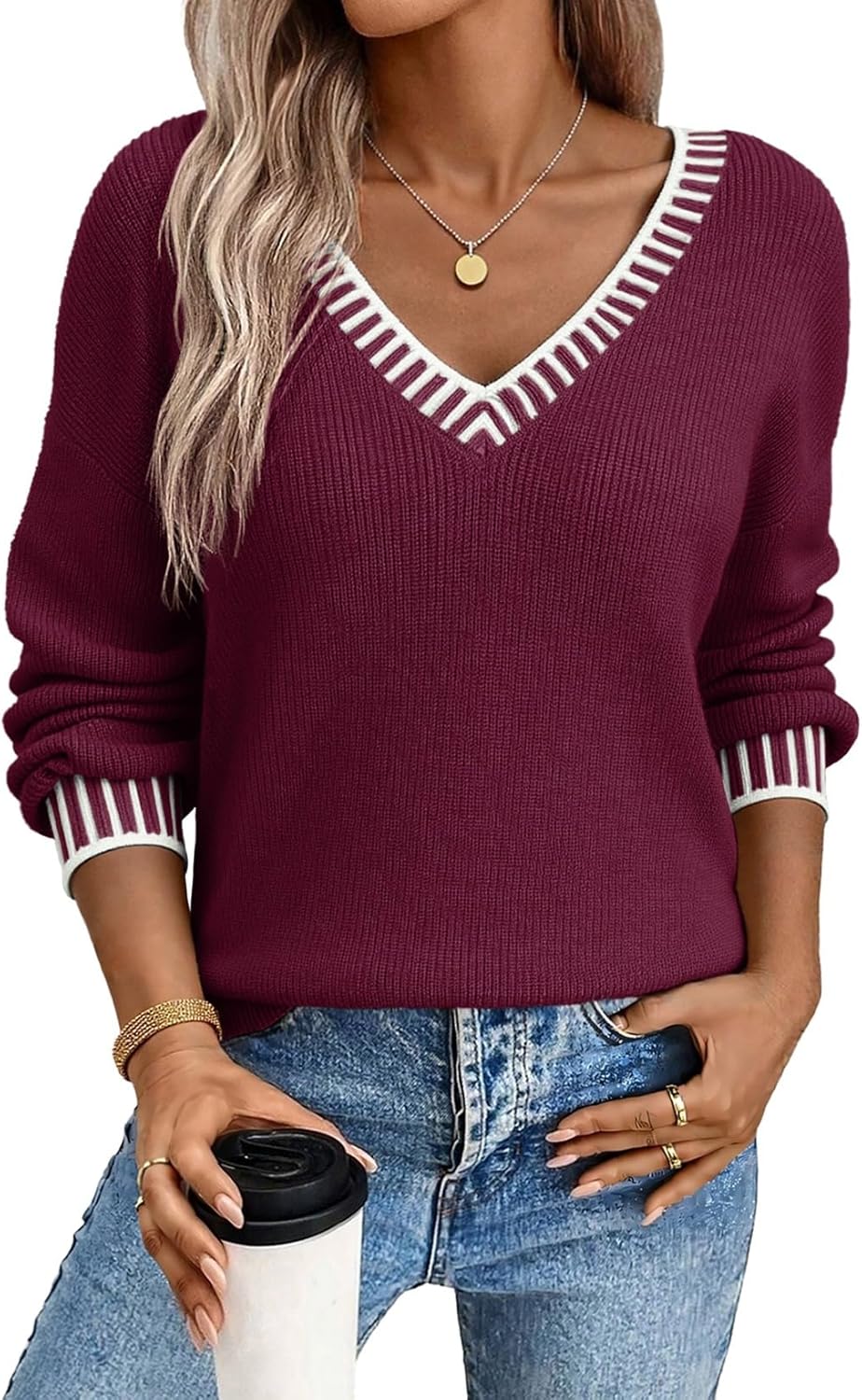 Women's Casual V-neck Long-sleeved Cashmere Sweater