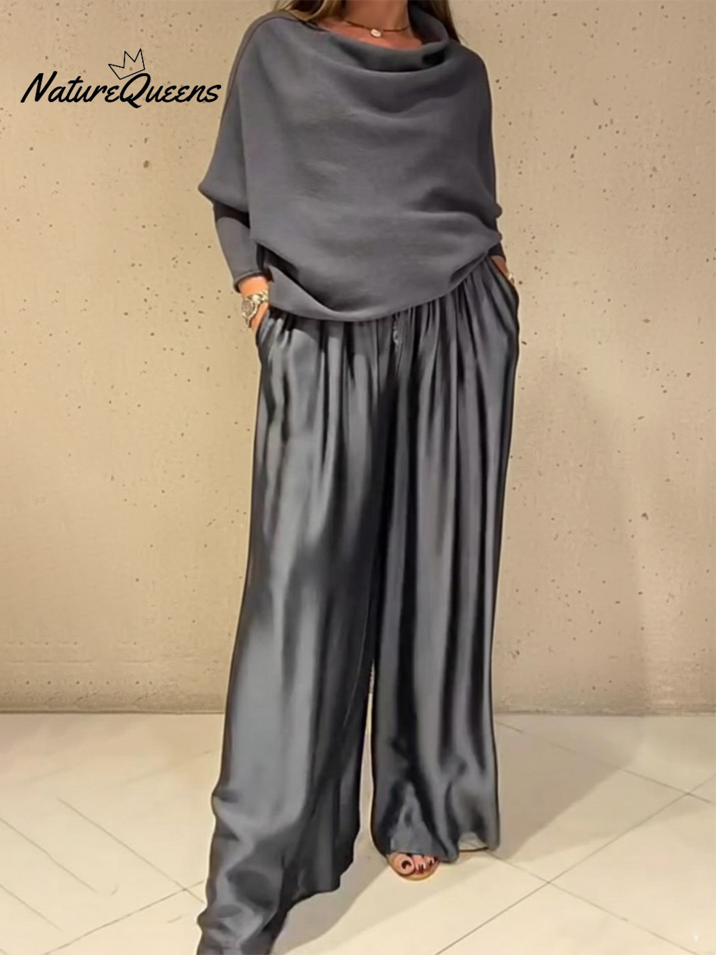 💝💝Elegant Off-shoulder Sweater and Satin Wide-leg Pants Two-piece Suit