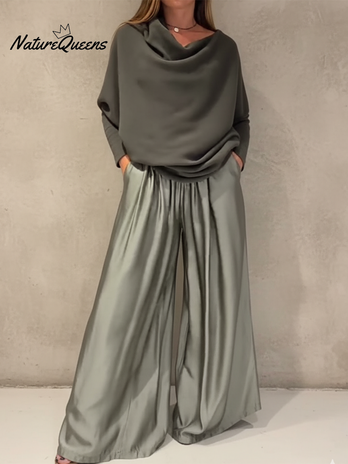 💝💝Elegant Off-shoulder Sweater and Satin Wide-leg Pants Two-piece Suit