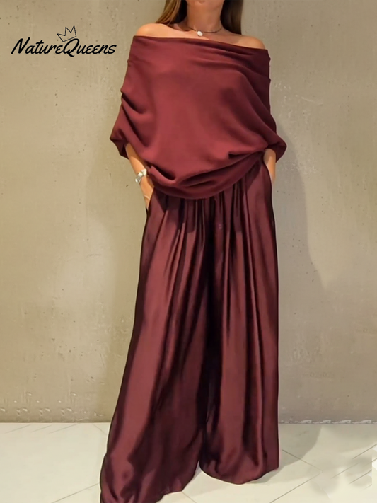 💝💝Elegant Off-shoulder Sweater and Satin Wide-leg Pants Two-piece Suit
