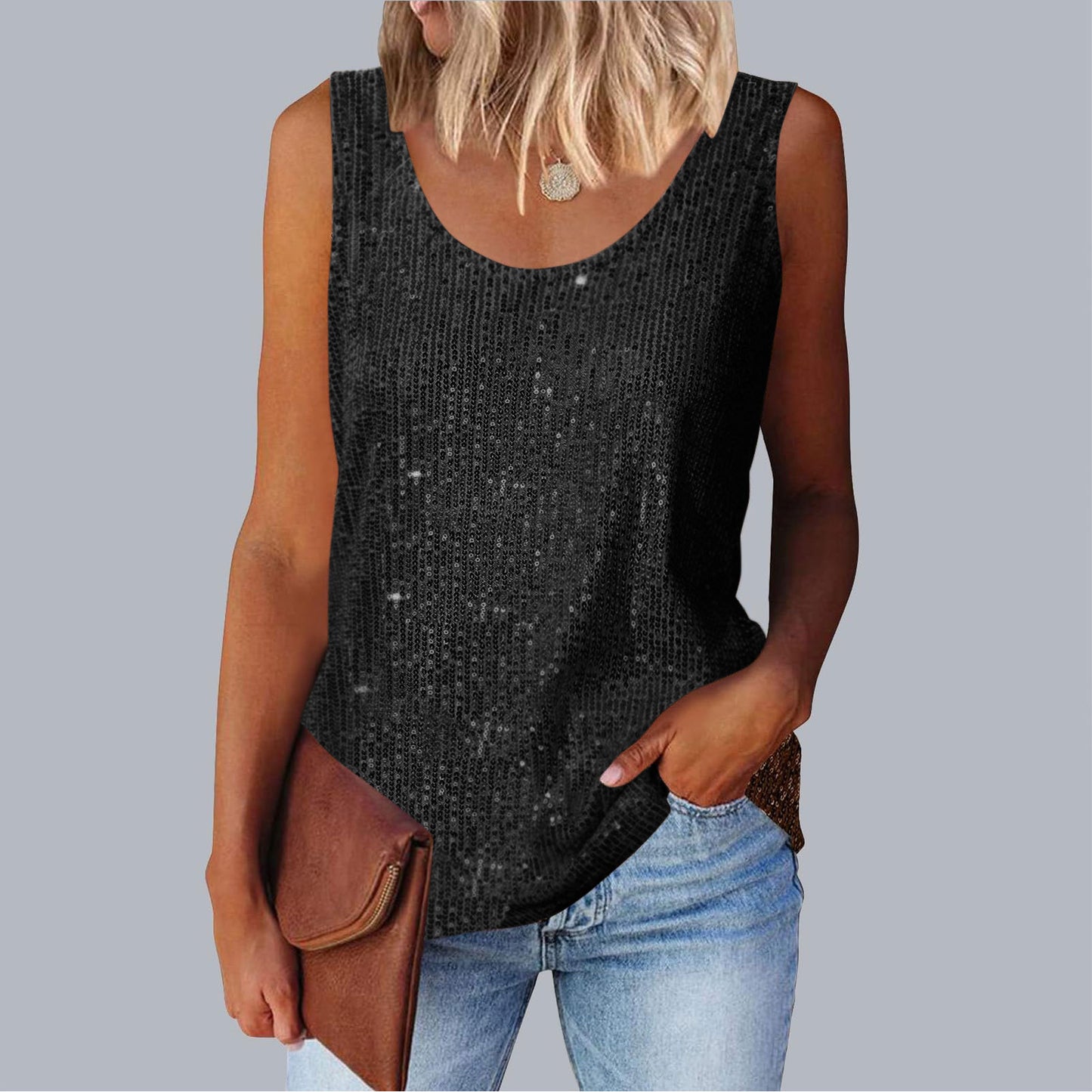 Commuter-style sequined loose-fitting round-neck tank top for women | 15 colors