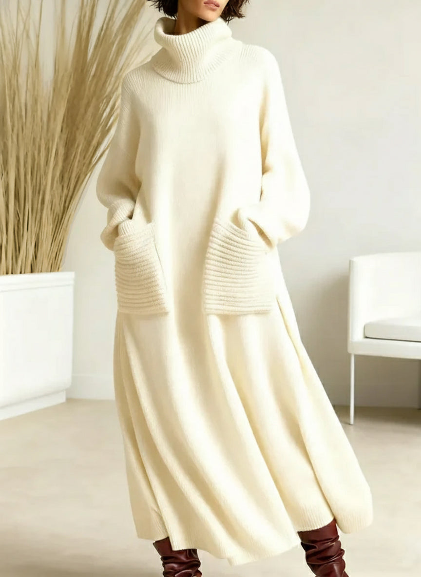 📦📦CLEARANCE SALE🔥 Women's Solid Color High-Neck Long-Sleeve Casual Loose Knit Dress