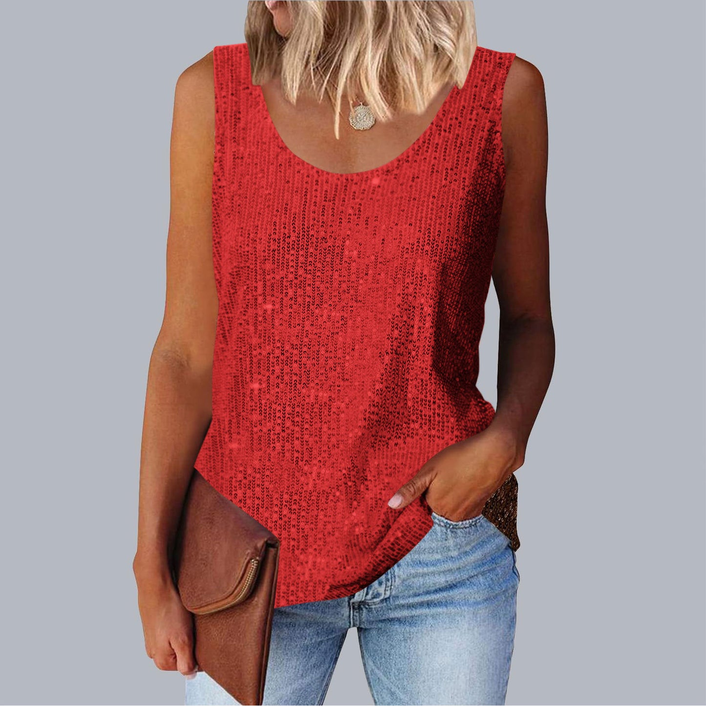 Commuter-style sequined loose-fitting round-neck tank top for women | 15 colors