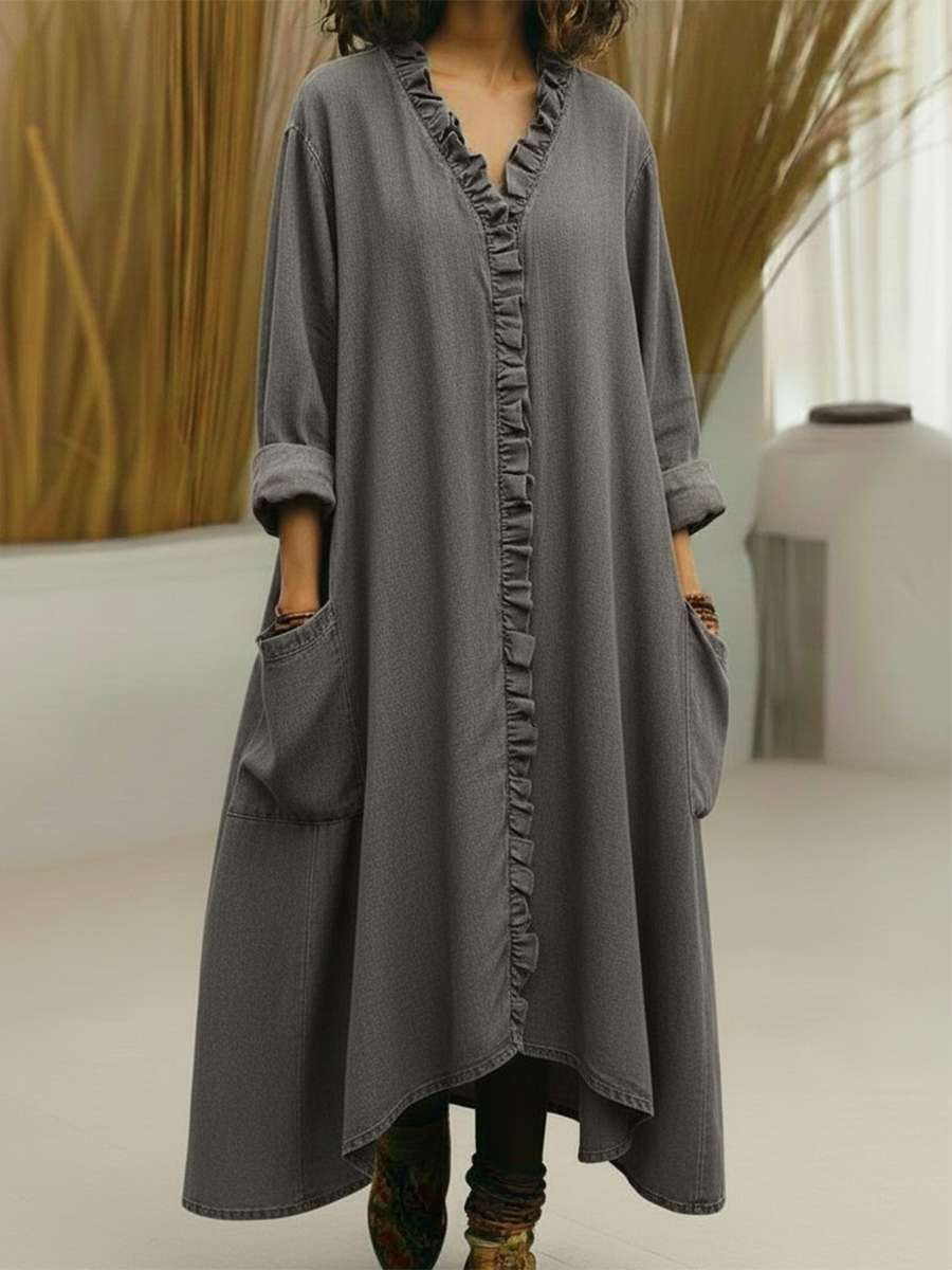 Casual Lace-trimmed V-neck Denim Dress