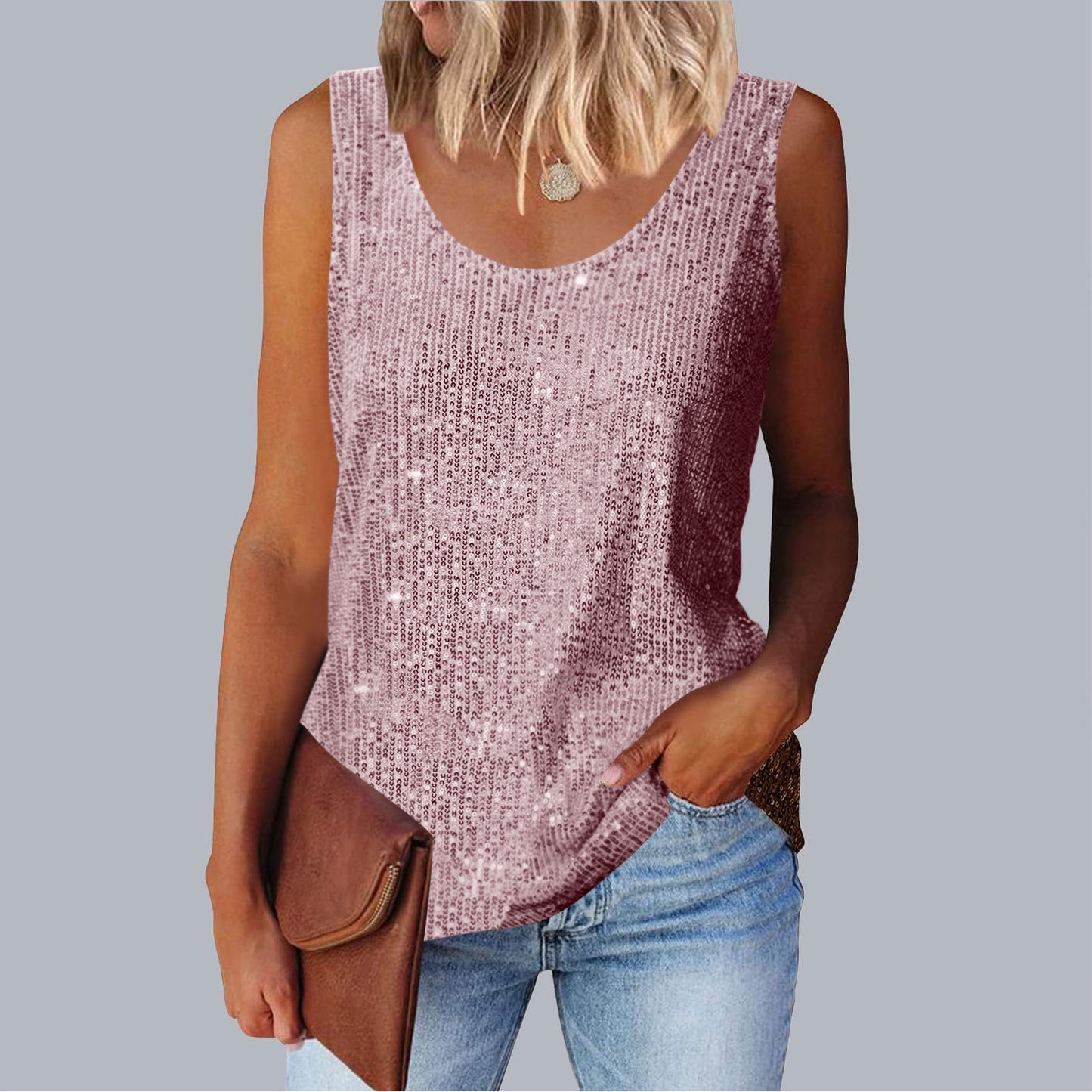 Commuter-style sequined loose-fitting round-neck tank top for women | 15 colors
