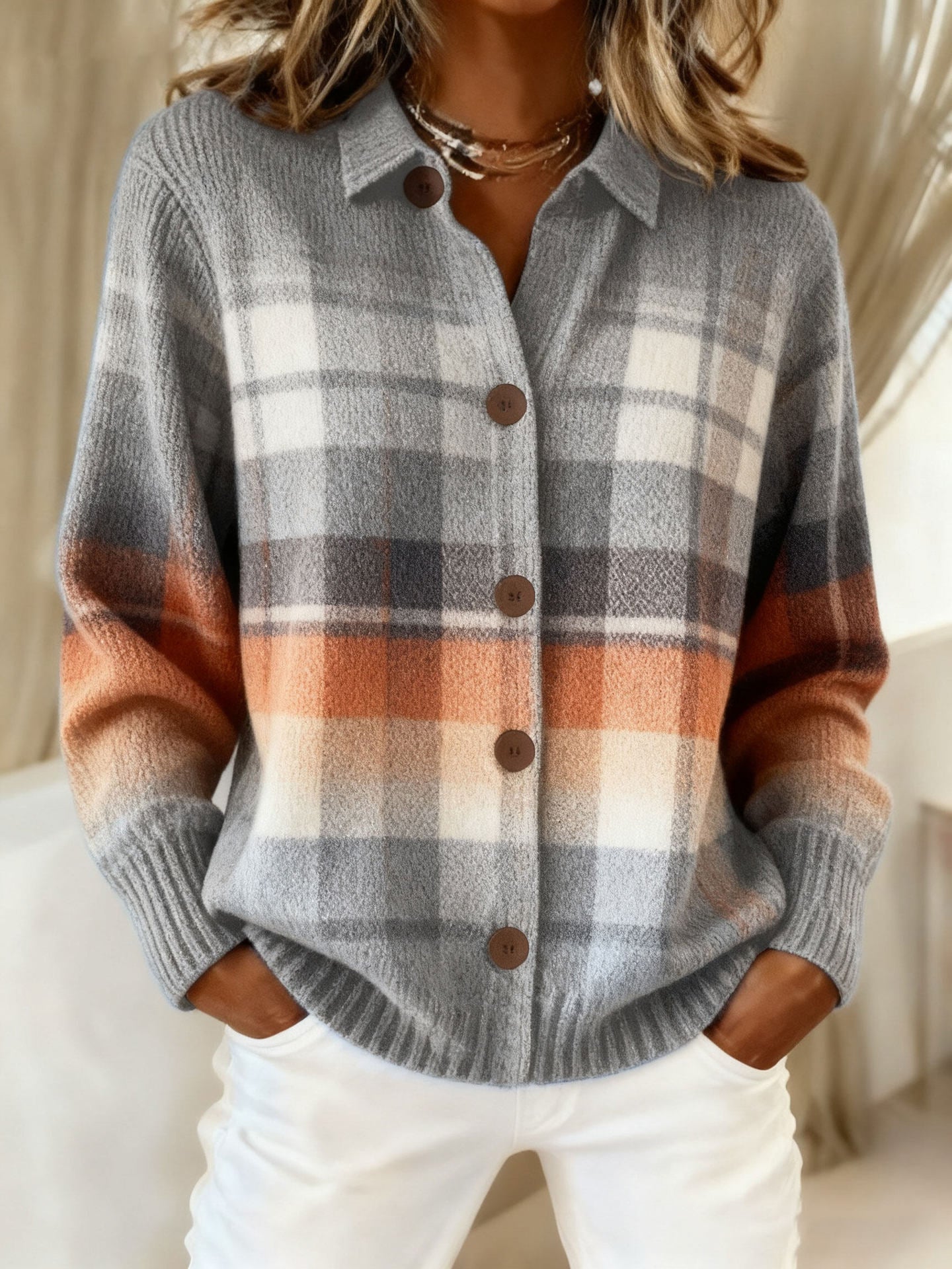 💝💝CLEARANCE SALE🔥 Women's Plaid Print Casual Cotton Buttoned Cardigan Sweater