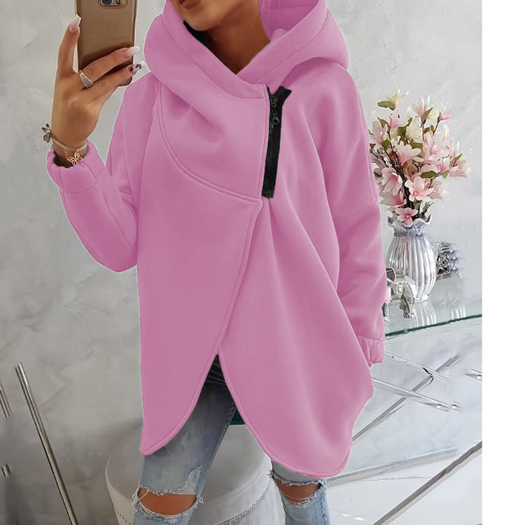 Uaang Hooded Sports Plus Velvet Tunic Casual Long-Sleeved Zipper Coat Women's Plus-Size Solid Color Coat