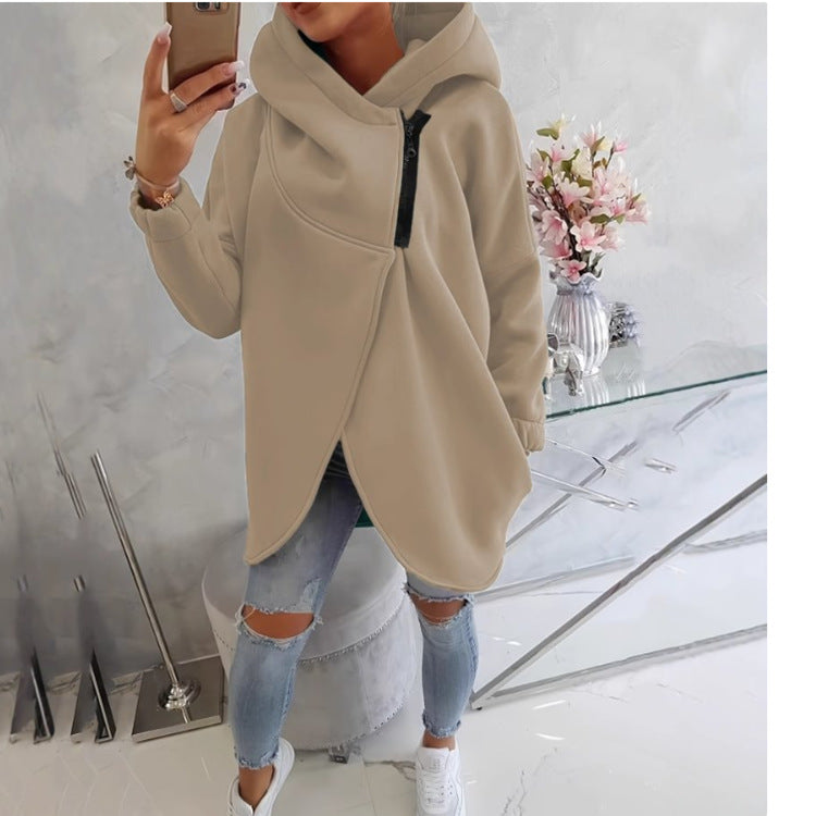 Uaang Hooded Sports Plus Velvet Tunic Casual Long-Sleeved Zipper Coat Women's Plus-Size Solid Color Coat