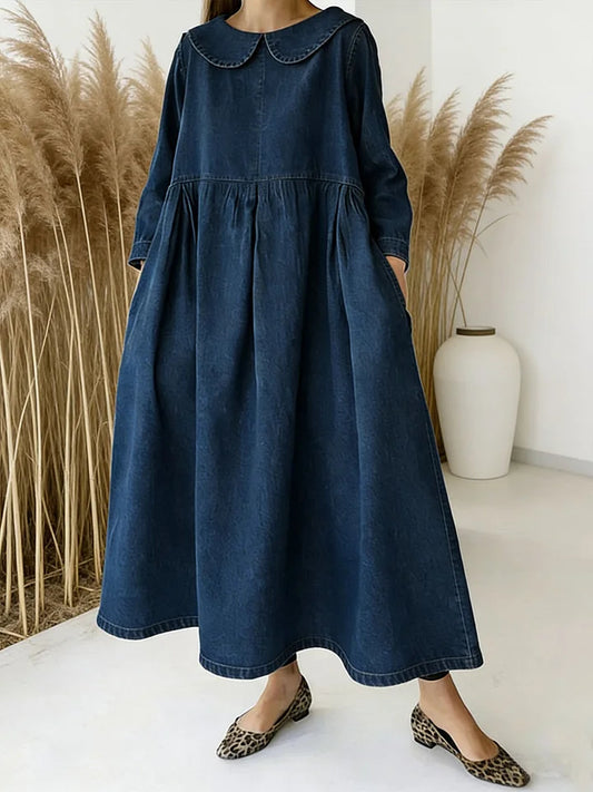 📦📦NEW🔥 Women's Peter Pan Collar Long-sleeved Loose-fitting Casual Denim Dress