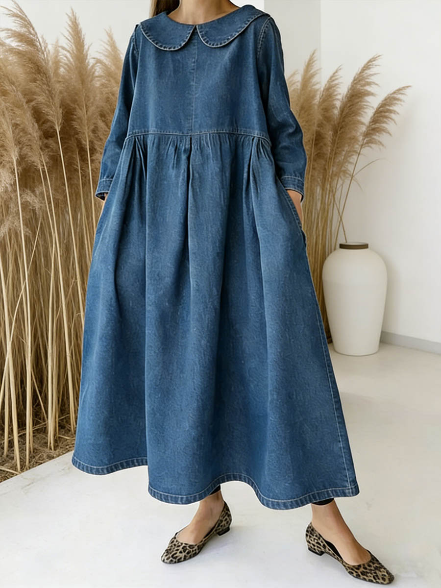 📦📦NEW🔥 Women's Peter Pan Collar Long-sleeved Loose-fitting Casual Denim Dress