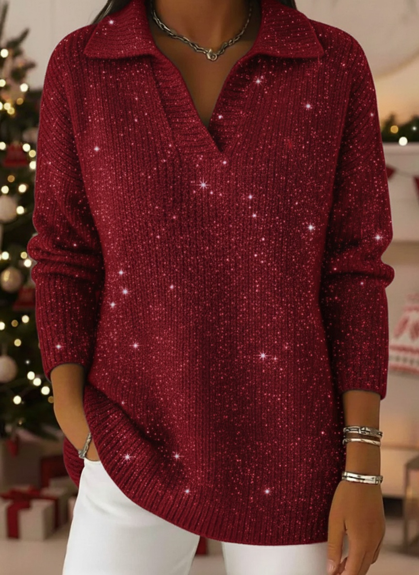 💝💝New Arrivals🔥Christmas Party Polo Collar Shiny Loose Sweater Top