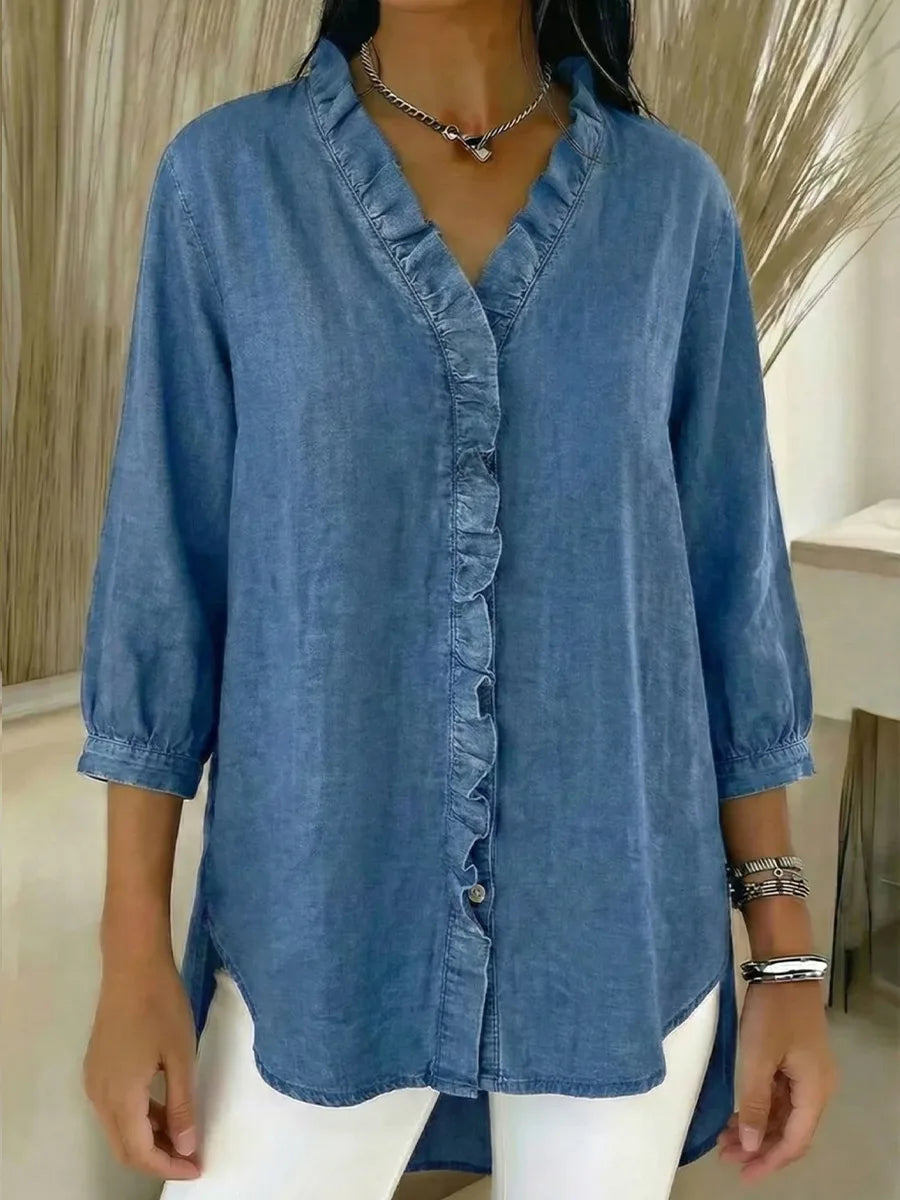 📦📦New Arrivals🔥Women's Casual Denim V-Neck Ruffled Shirt