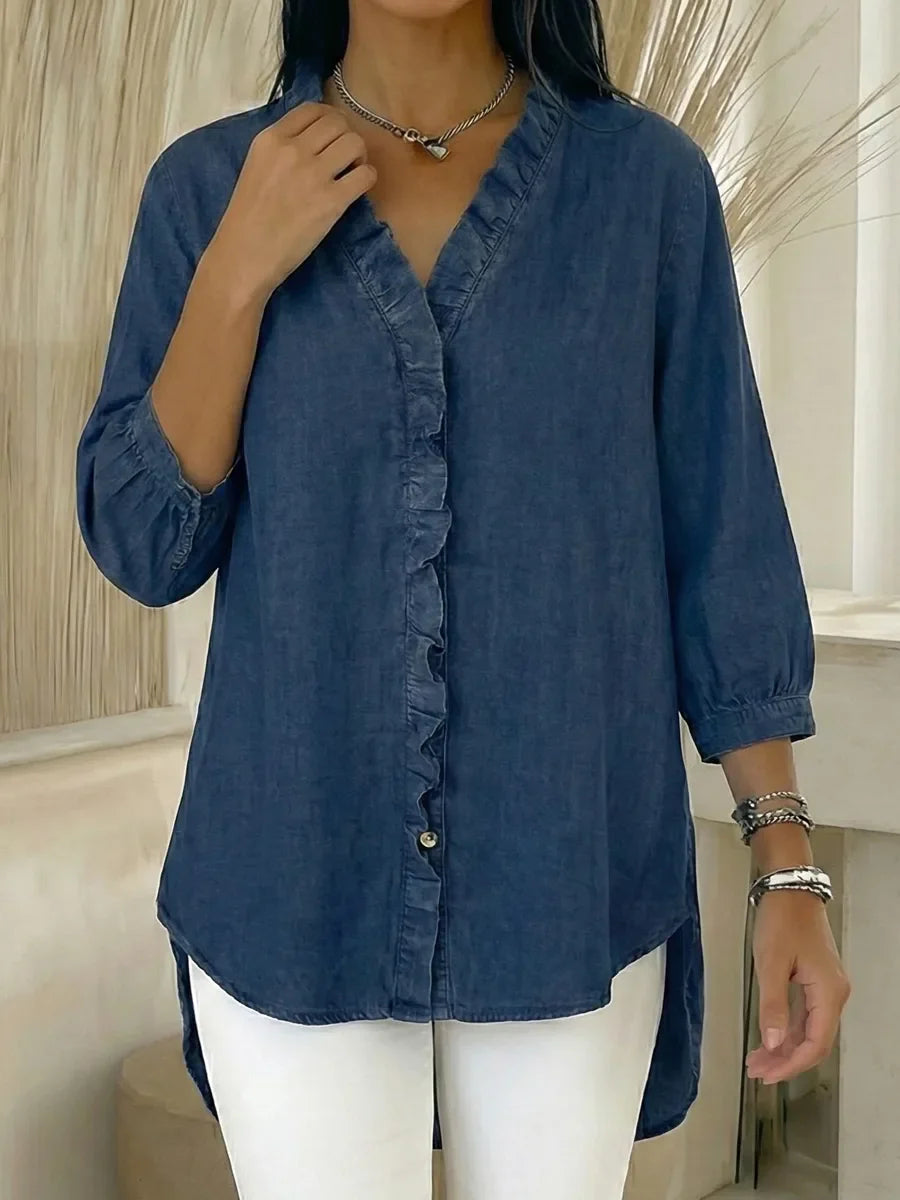 📦📦New Arrivals🔥Women's Casual Denim V-Neck Ruffled Shirt