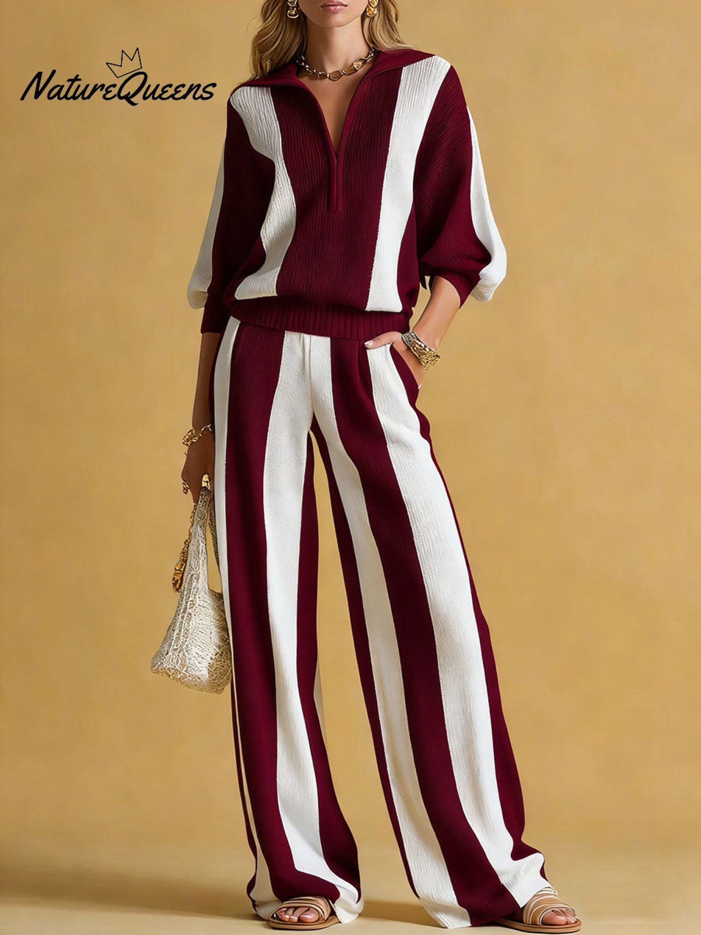 💝💝Women's Striped Print Cardigan Collar Three-quarter Sleeve Knitted Top And High-waisted Casual Loose Wide-leg Pants Knitted Set.