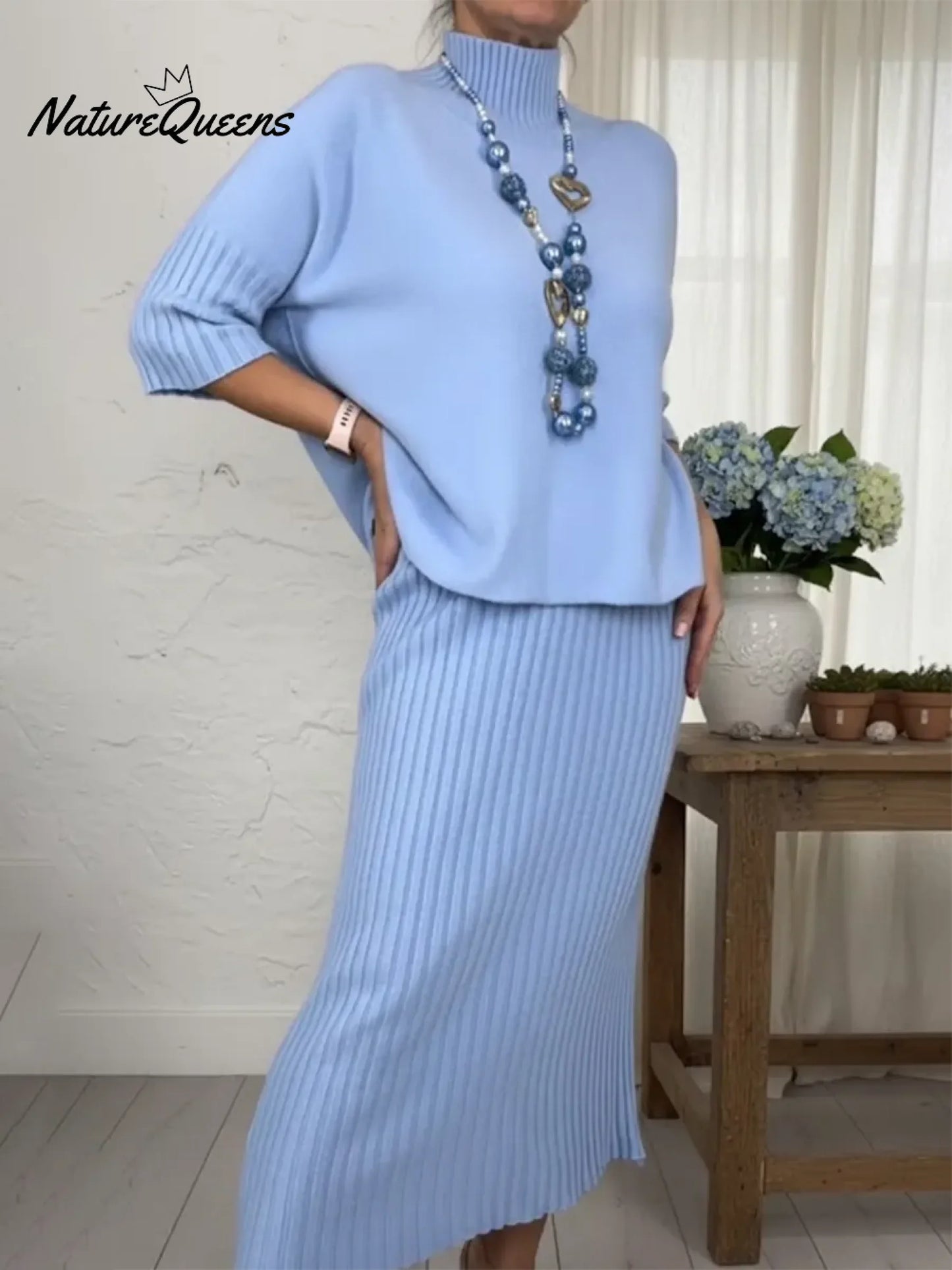 💝💝Elegant Knitted Turtleneck Sweater And Skirt Two-piece Set